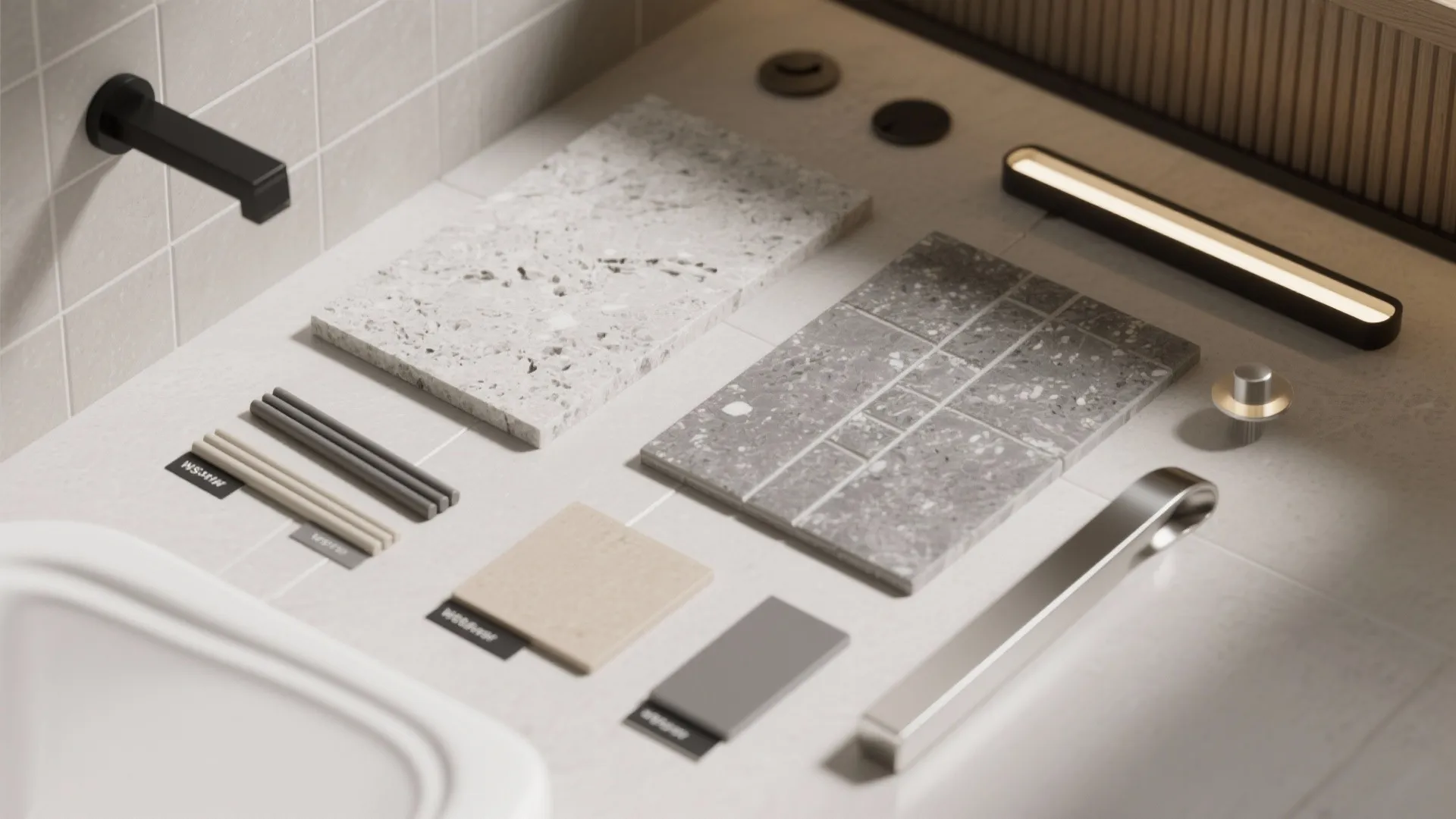 Top-down flat lay of honed, flamed, and polished granite samples with grout and brushed metal.