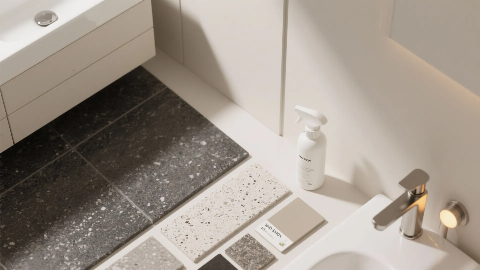 Flat lay of dark honed granite floor, light granite vanity sample, wall paint swatch, and brushed nickel hardware.