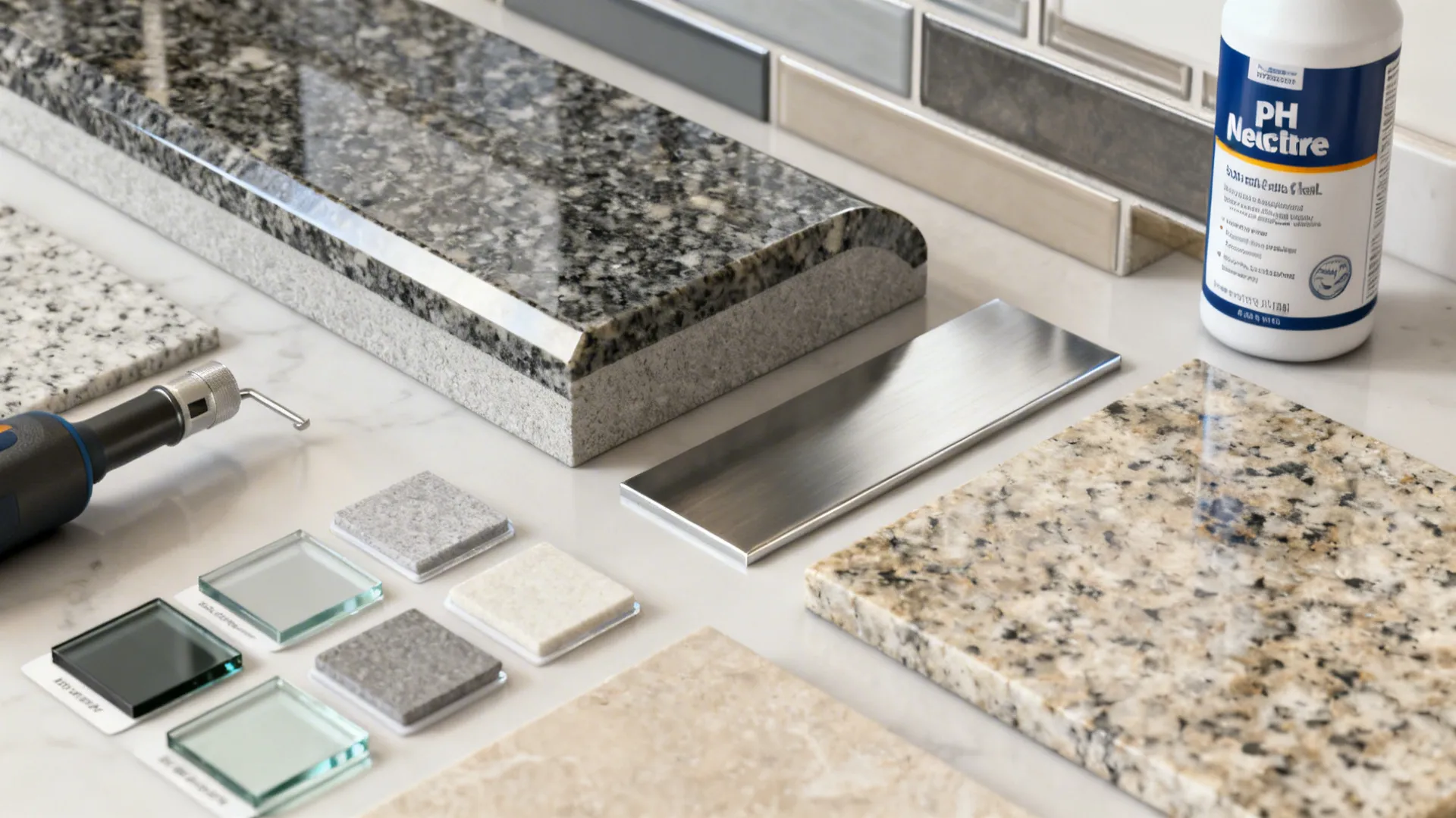 Flatlay of granite edge samples, backsplash swatches, grout, and maintenance products for selection guidance.