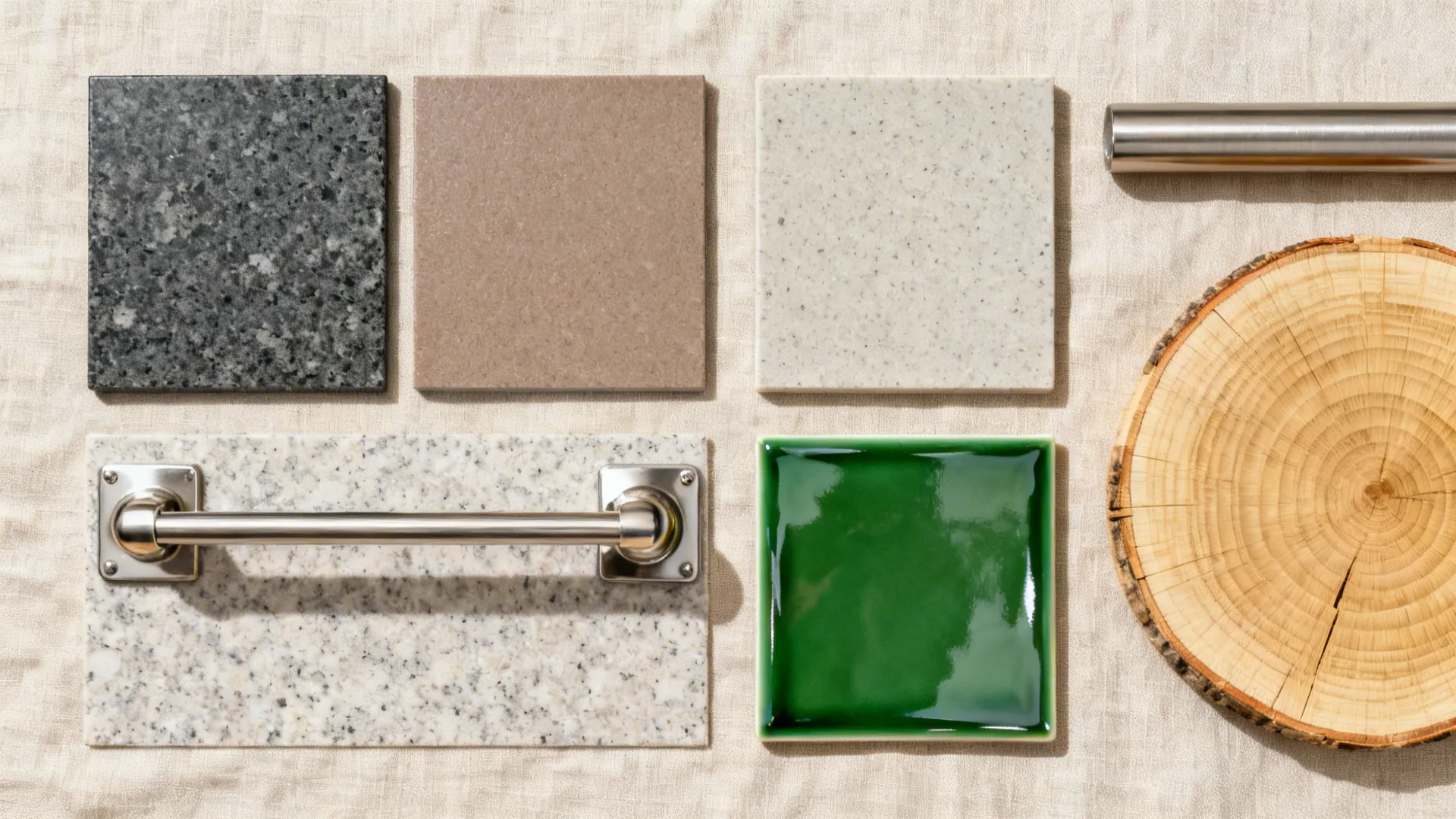 Top-down materials board with granite sink samples, greige quartz, green tile, and brushed hardware.