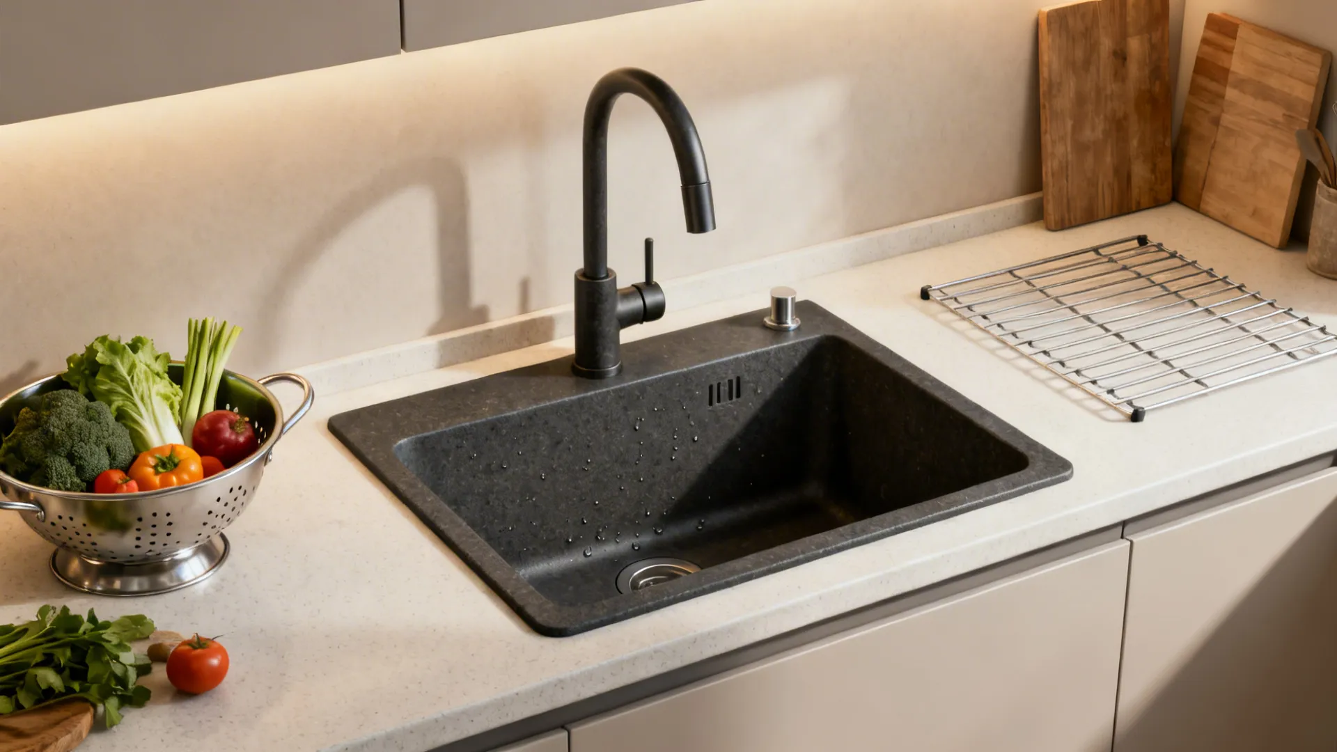 Matte granite composite single-bowl sink with pull-out faucet in a compact straight kitchen.