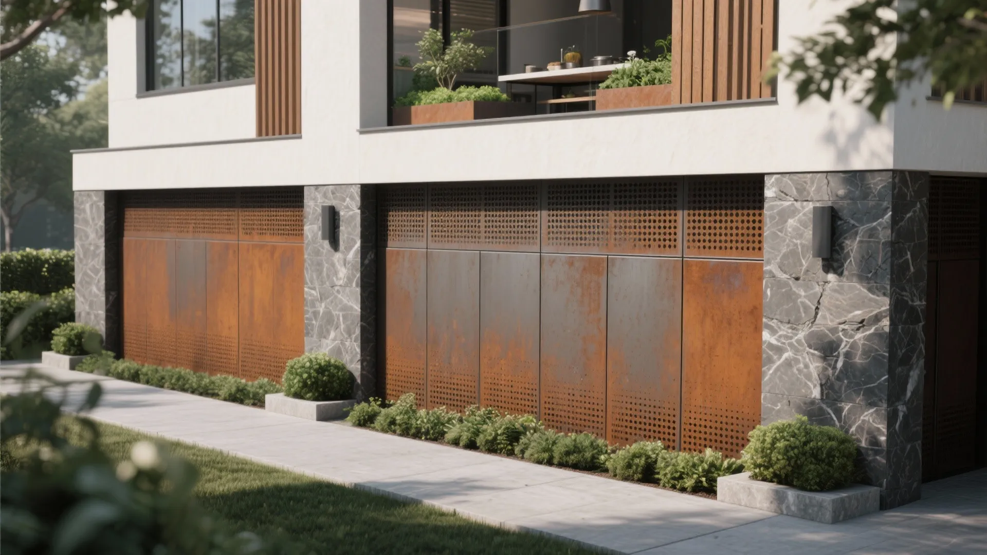 Modern building exterior featuring rusty metal wall panels with stone pillars and plants on balcony