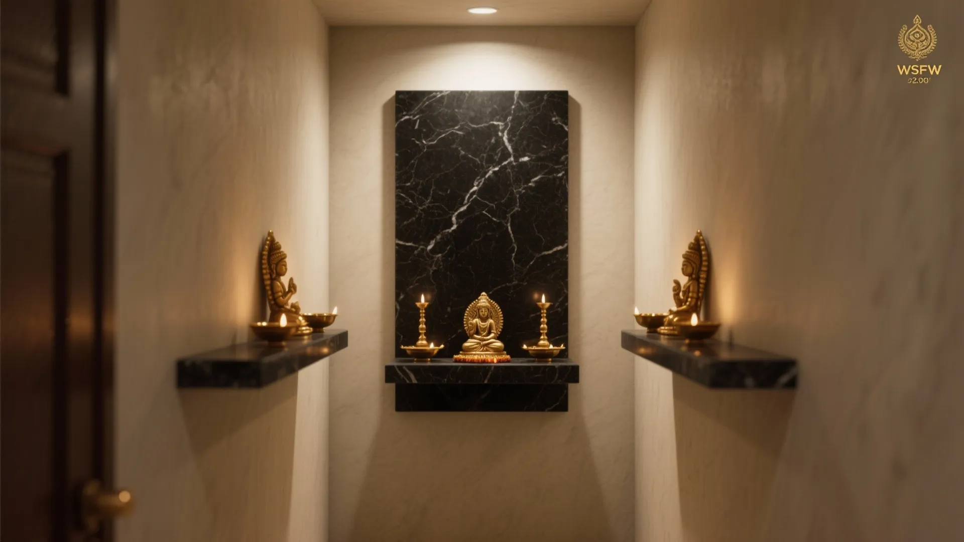 Small golden statue on black marble shelf in a narrow room with warm wall light