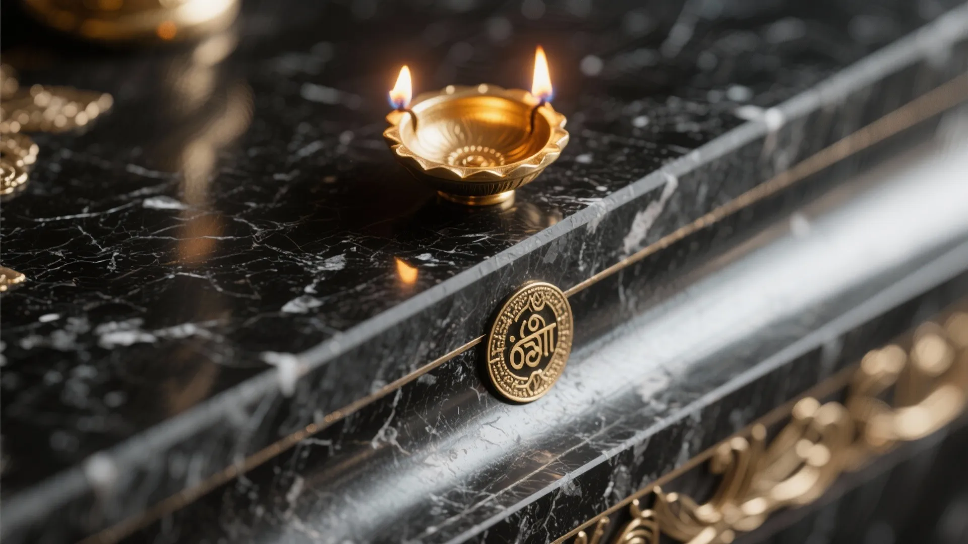 Close up of black marble corner with gold emblem and a small lit brass oil lamp