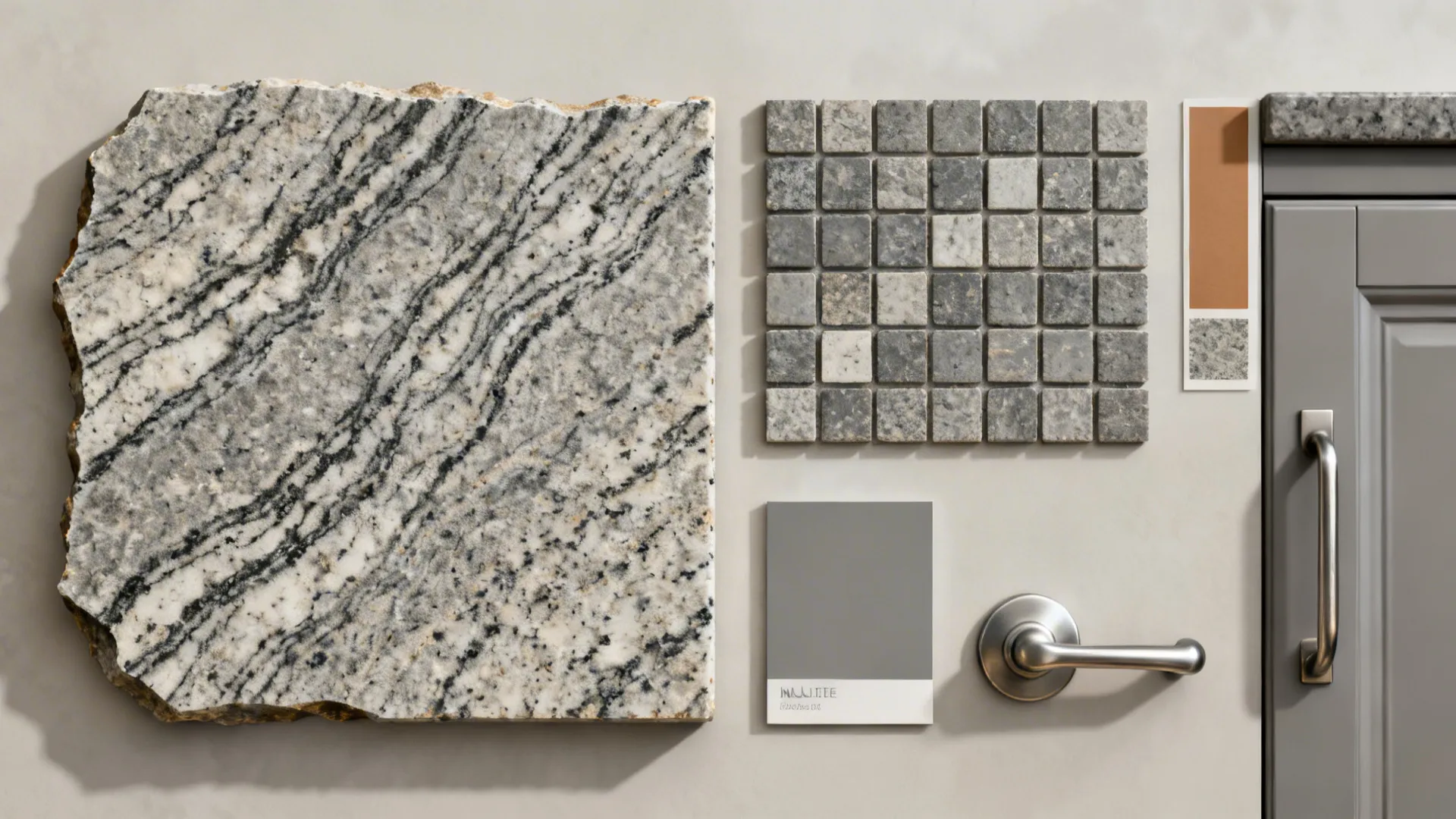 Top-down flat lay of granite offcut, honed stone mosaic sheets, grout, and hardware.