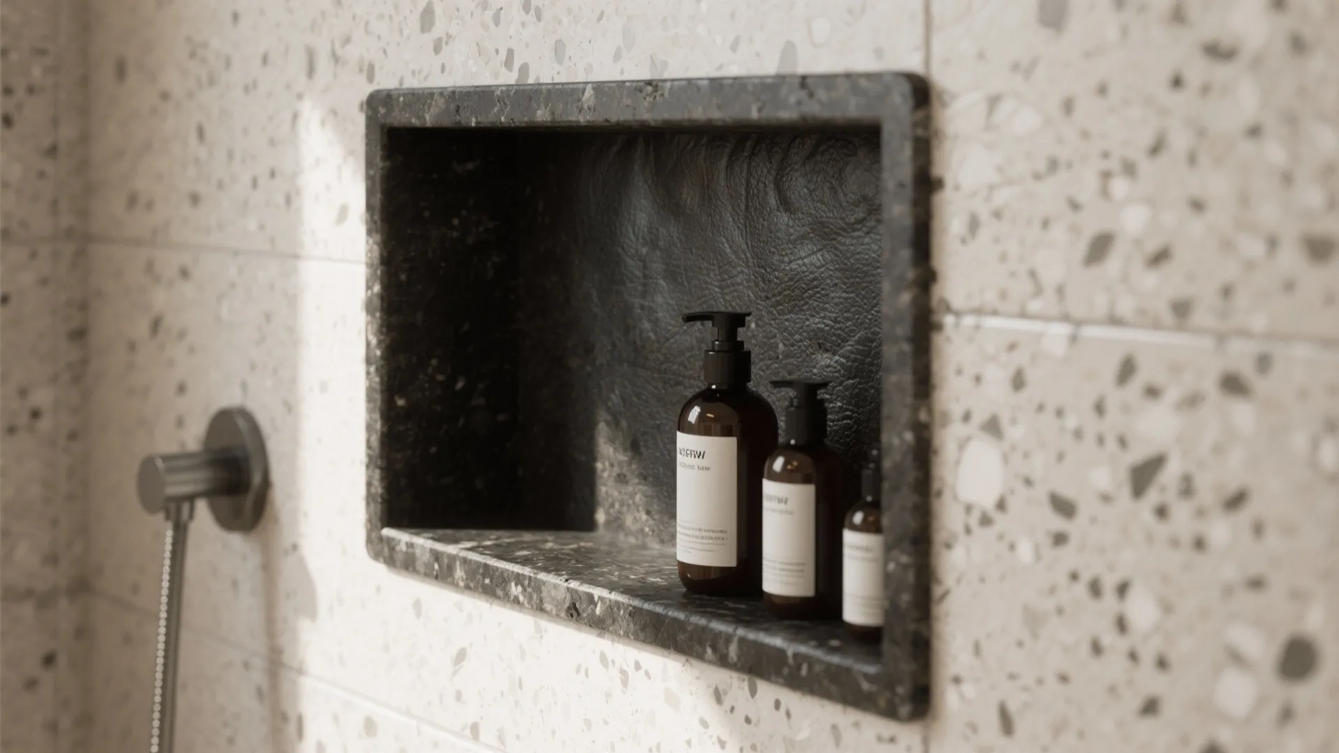 Close-up of a dark leathered granite shower niche set in light granite walls.