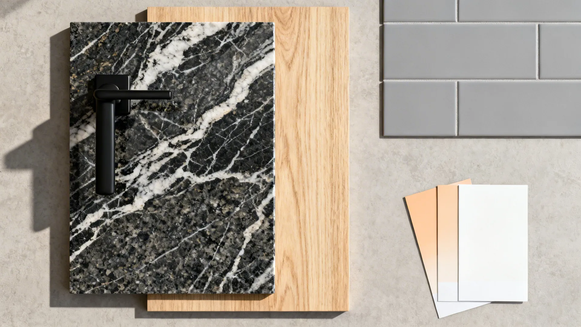 Top-down materials palette with dramatic granite sample, matte black hardware, warm wood veneer, and soft gray tile.