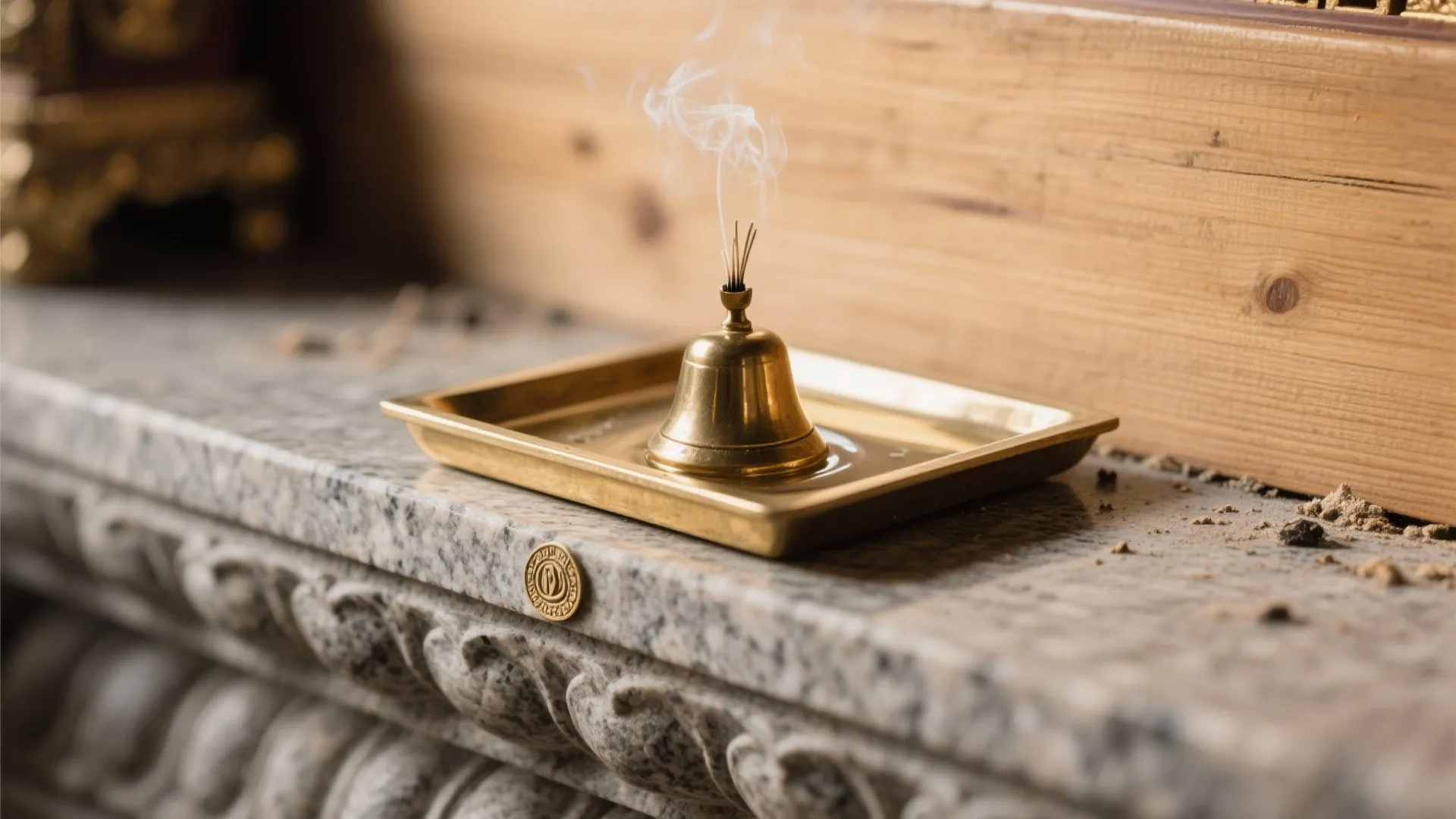Small brass incense burner on golden tray with smoke rising on carved grey stone ledge