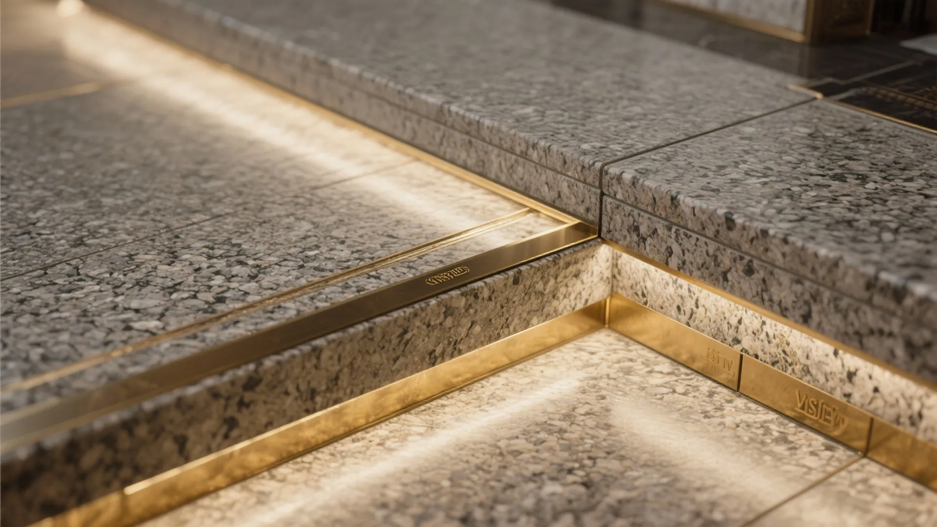 Close up of grey stone stairs with gold metal trim and built in floor lights