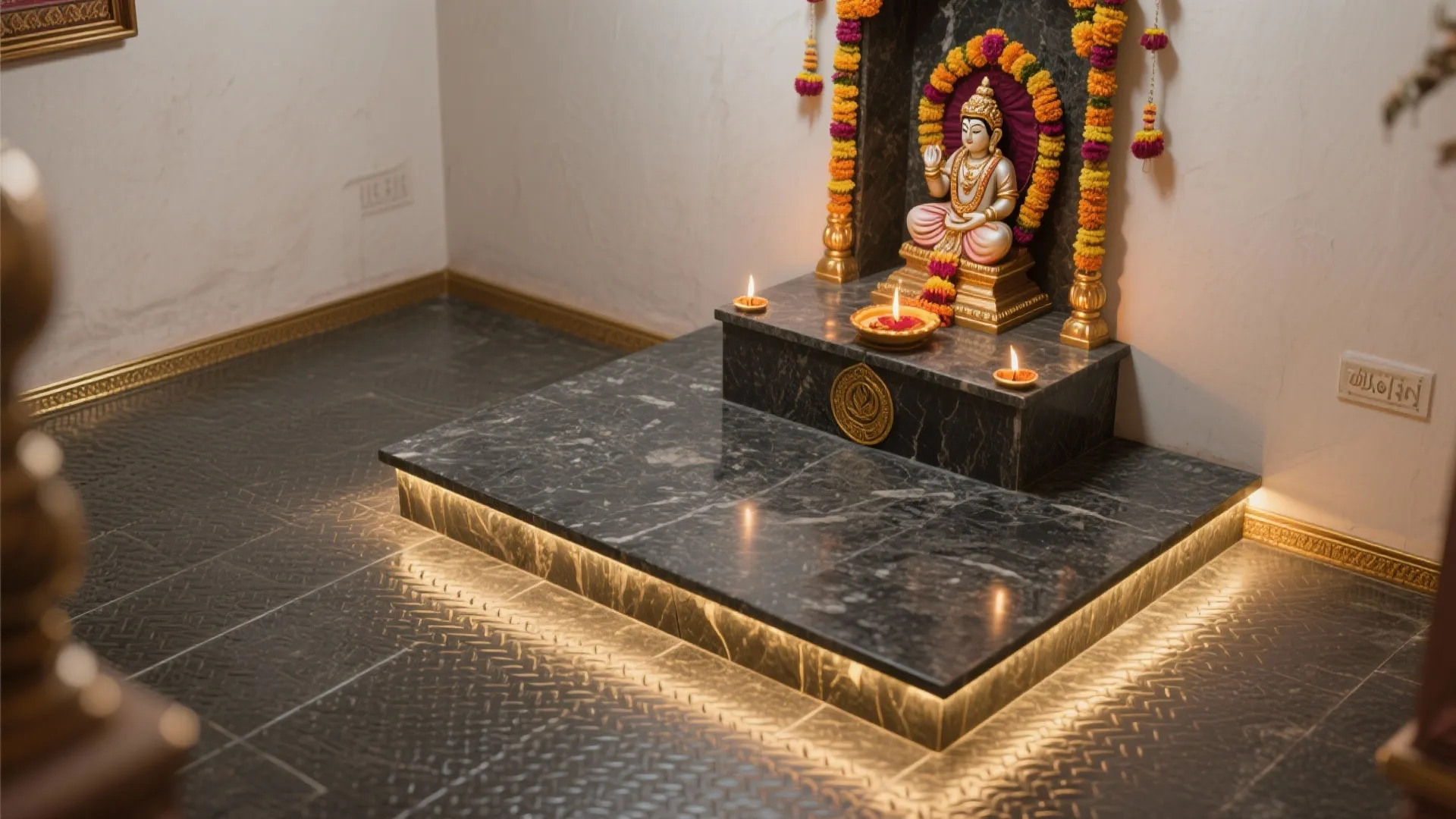 Dark stone platform featuring small statue with orange flower garlands and warm lights on floor