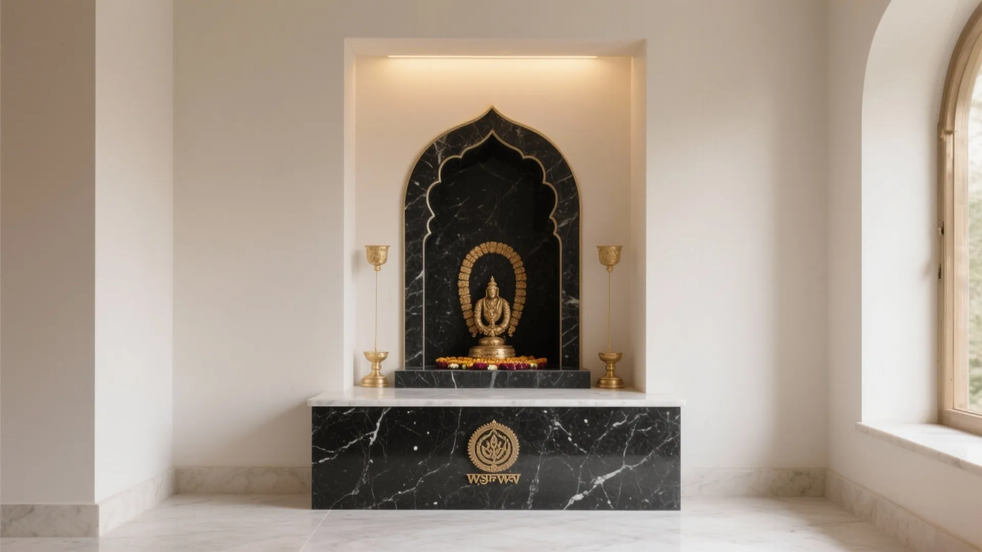 Minimalist prayer space featuring black marble wall panel golden statue and tall thin gold candle holders