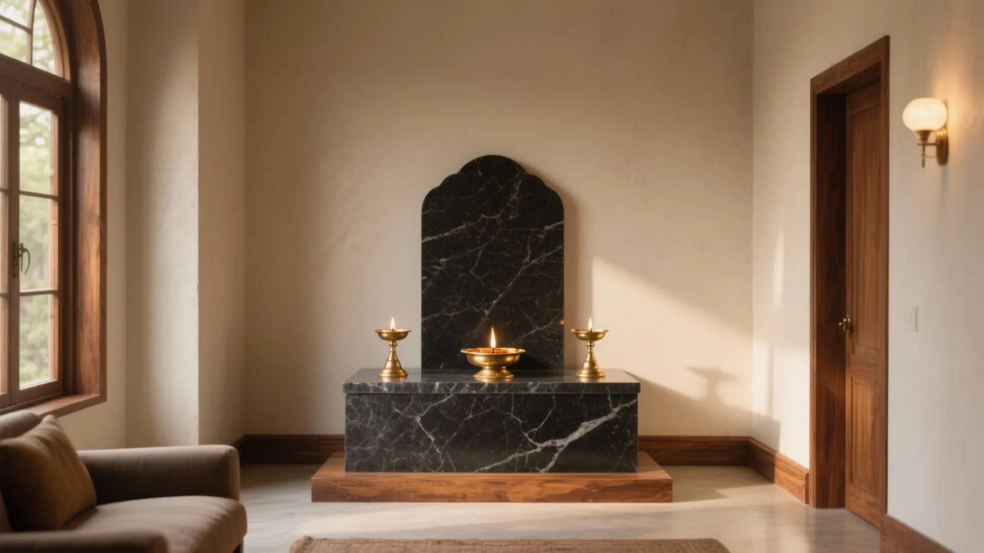 Black marble prayer altar with three gold oil lamps in a room with warm sunlight
