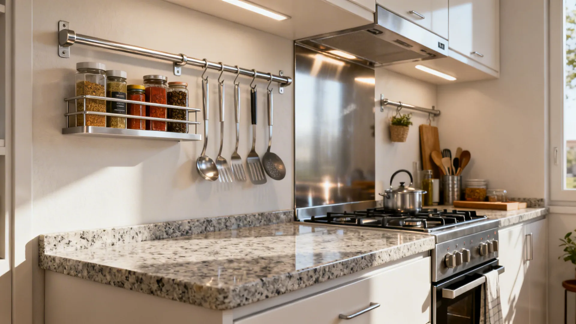 Pencil-edge granite with a slim stainless rail backsplash providing storage in a micro-kitchen.