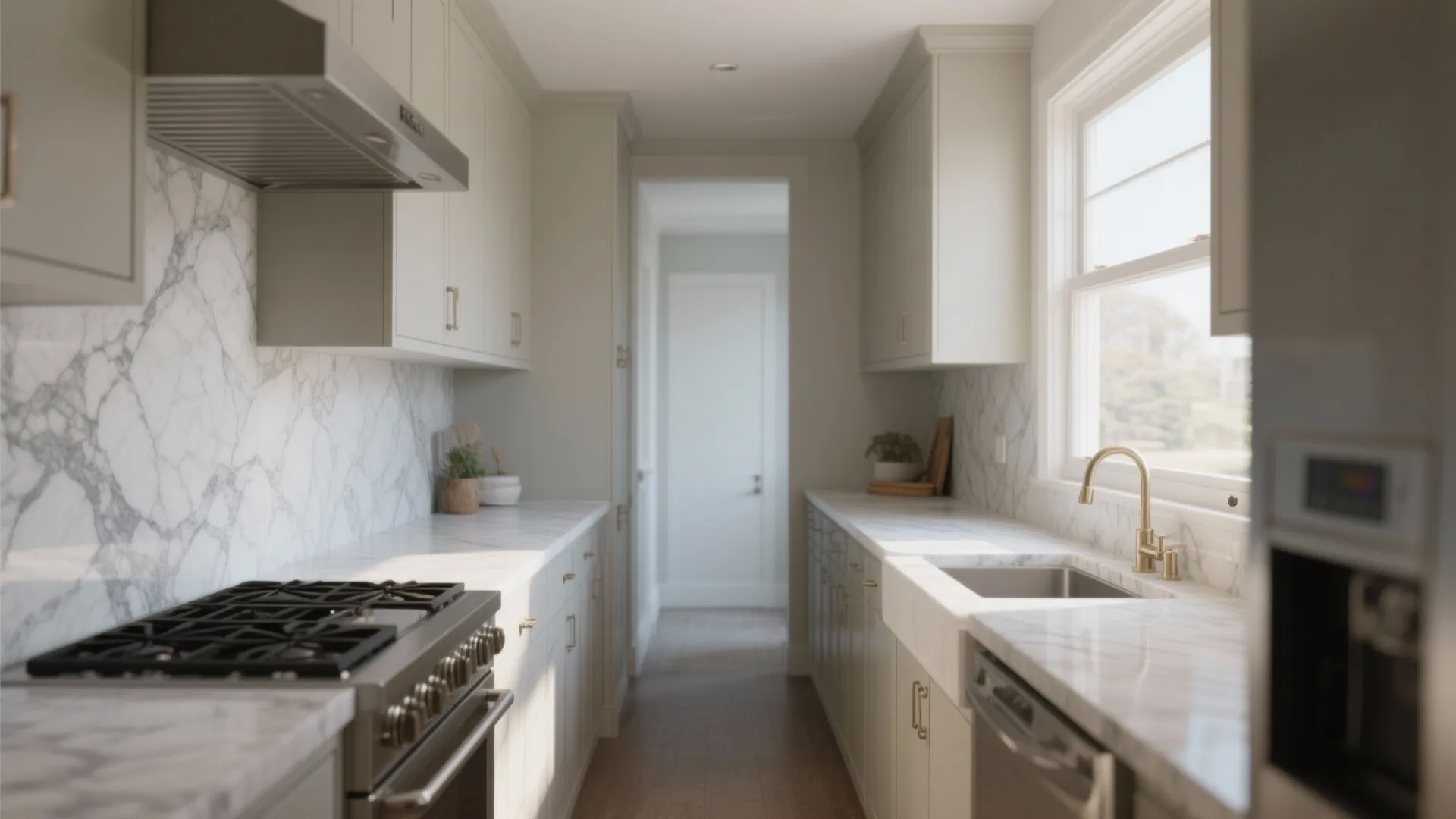Narrow galley kitchen design with white cabinets marble countertops gas stove and gold colored faucet