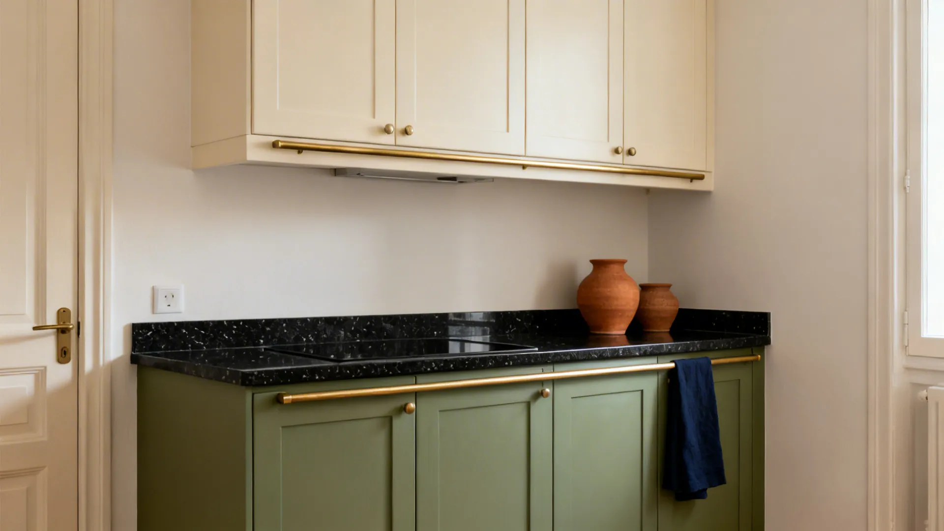 Small kitchen with black granite, sage base cabinets, cream uppers, and brass rail accents