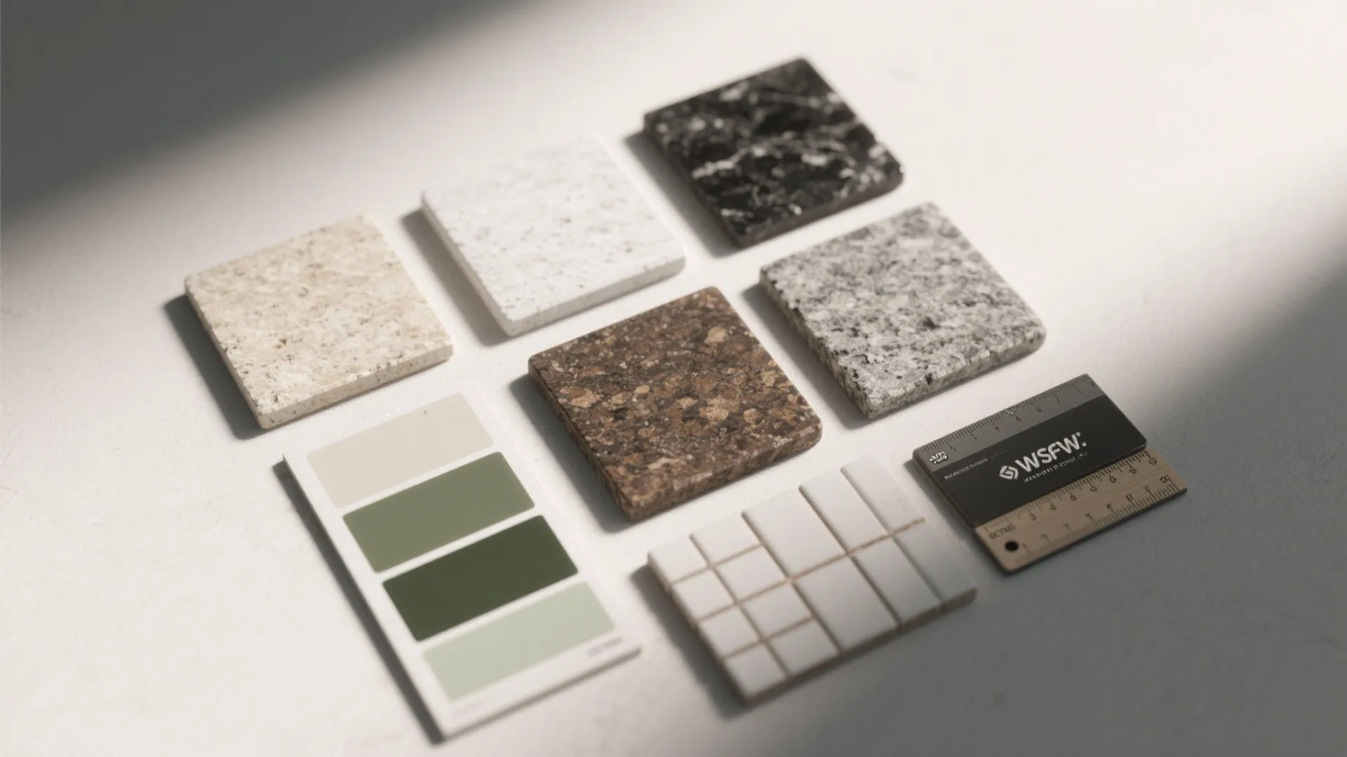 Selection of stone samples with green color palette and white tiles for interior design planning