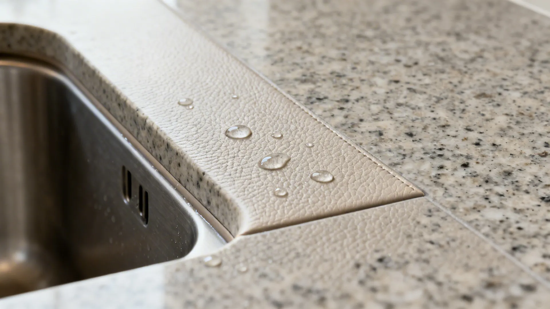 Macro of honed granite with water beading on a sealed surface near a sink edge.