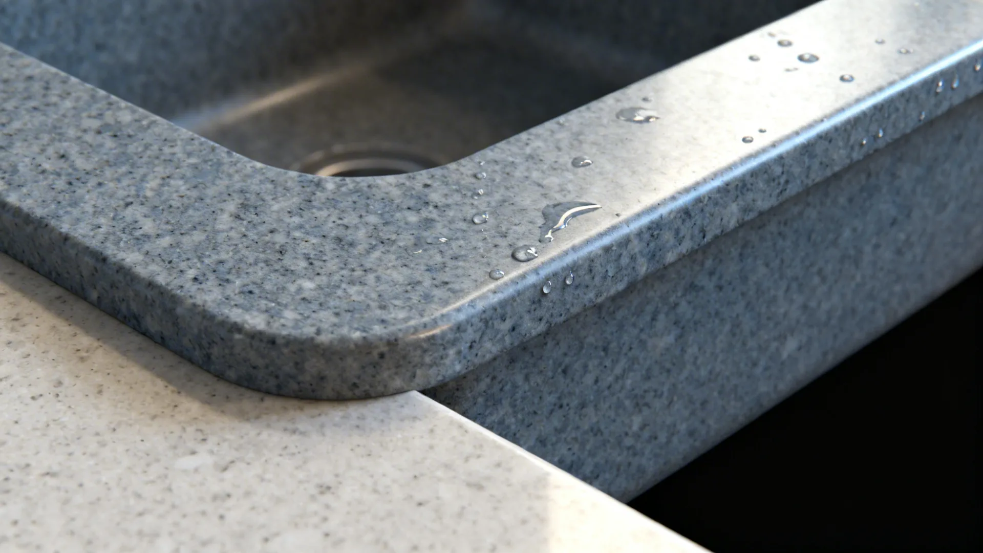 Macro detail of a matte granite composite sink with stone-like texture and water beads.