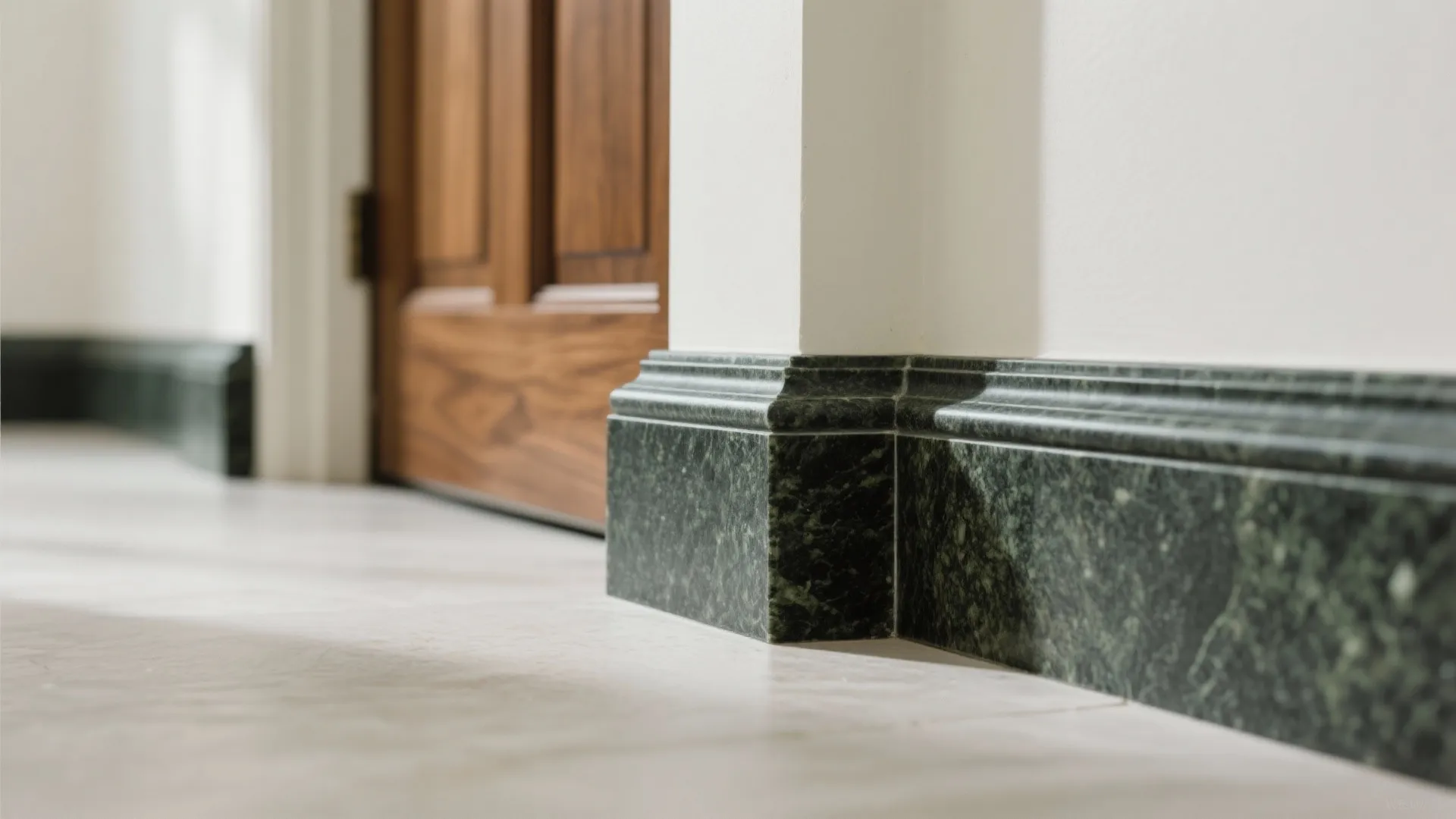 Macro view of granite skirting and matching architrave framing a warm wood door with precise joints.