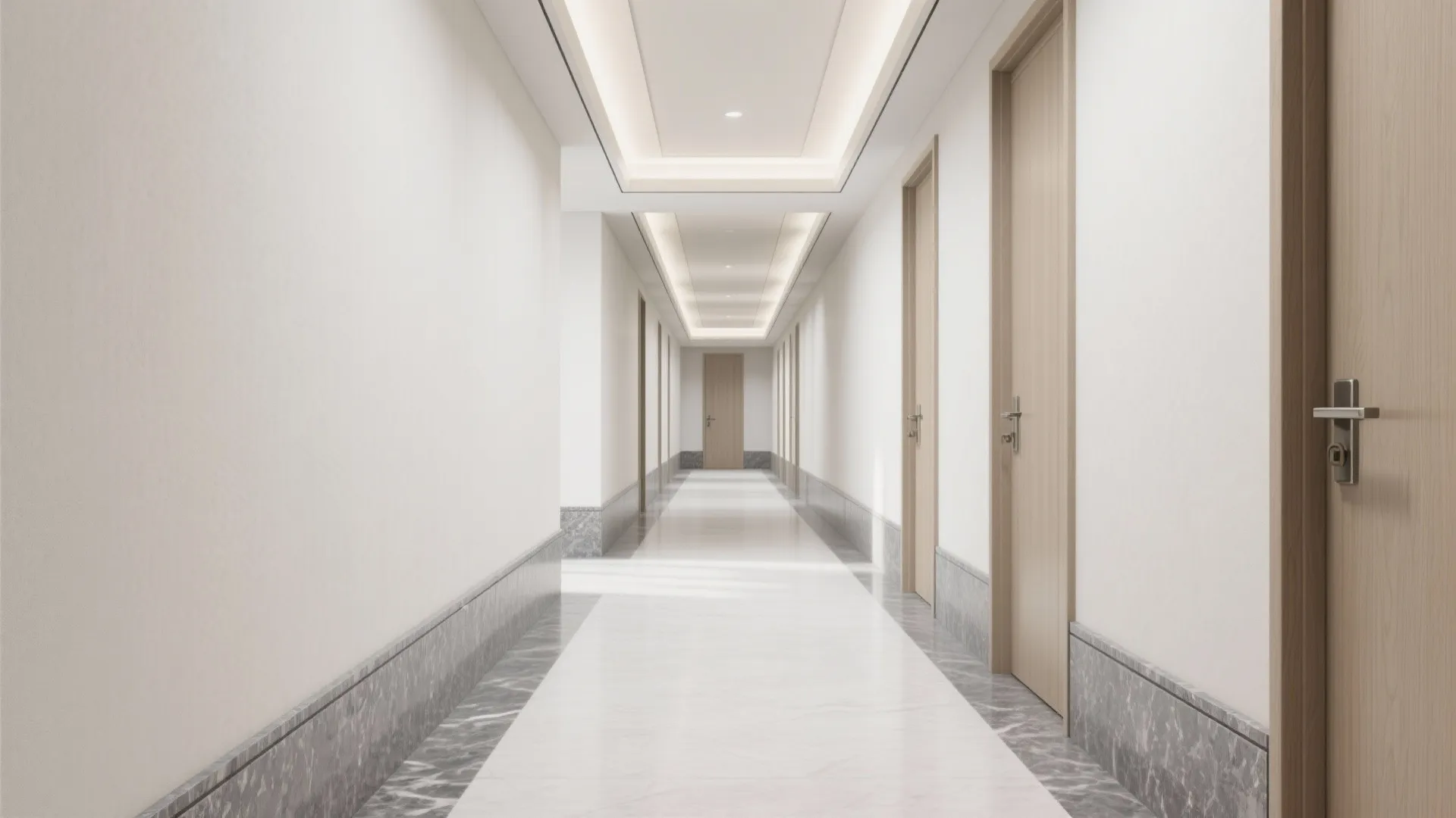 Bright modern hallway with white walls wooden doors grey marble wall panel and recessed ceiling lights