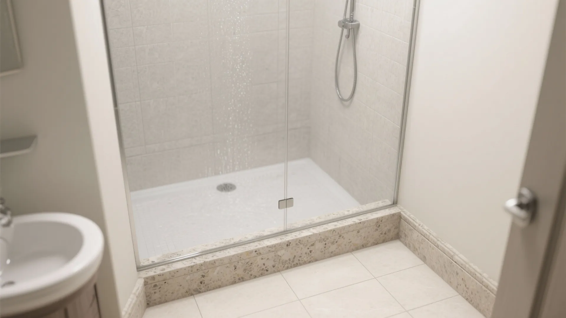 Small bathroom with light granite skirting transitioning to full-height splash in the shower.
