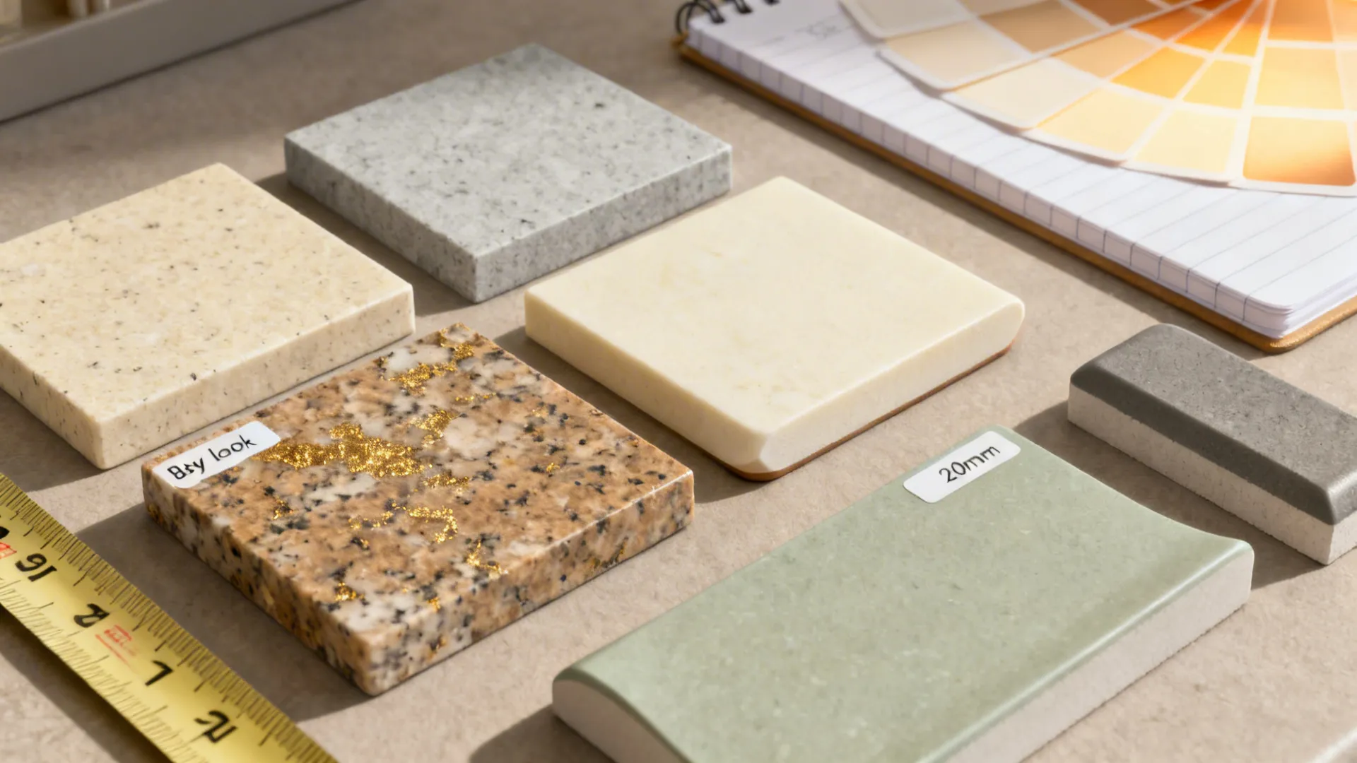 Various granite countertop samples on table with yellow measuring tape and orange color fan deck