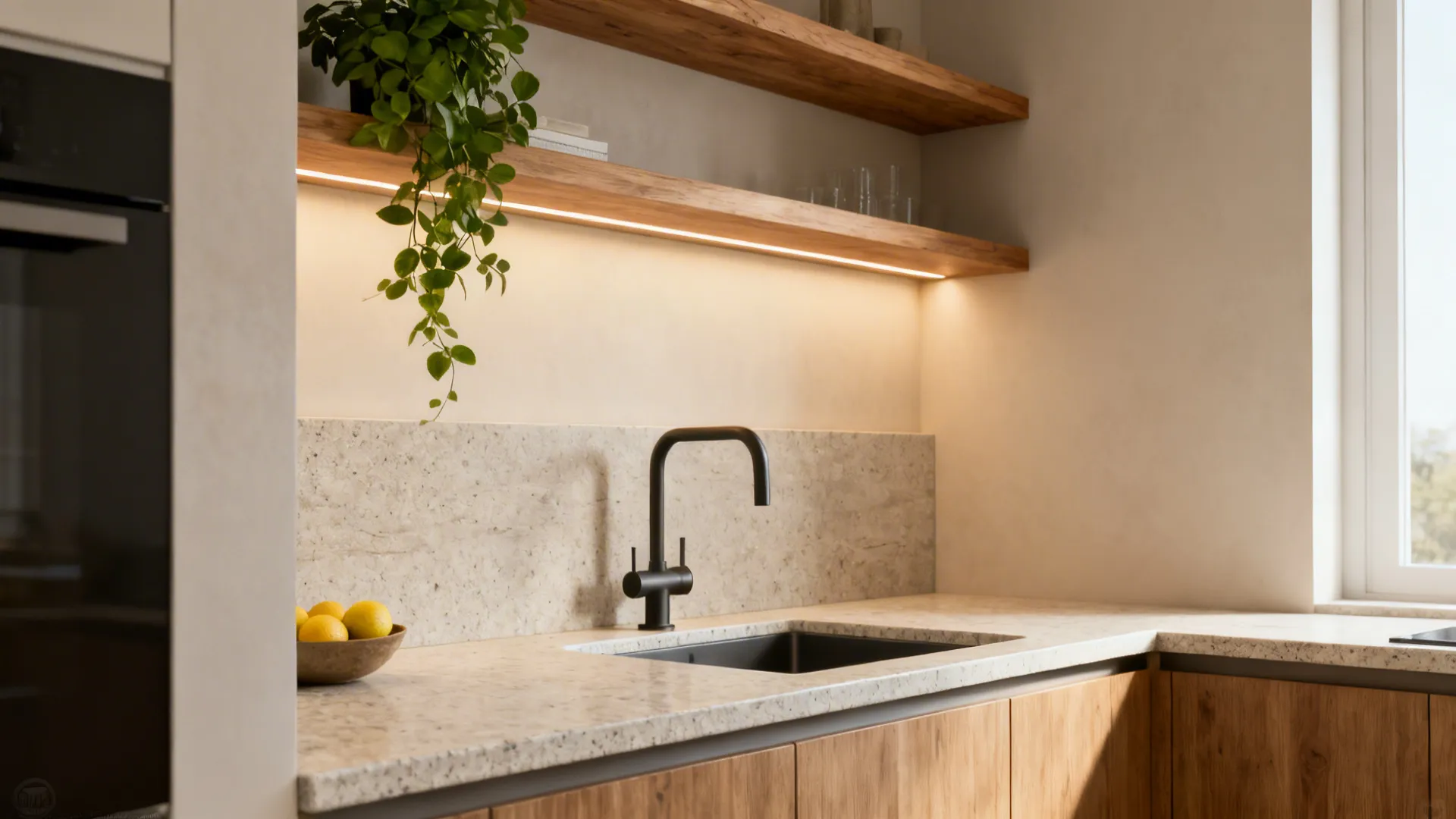Compact kitchen with honed granite, eased edges, and a slab riser backsplash.