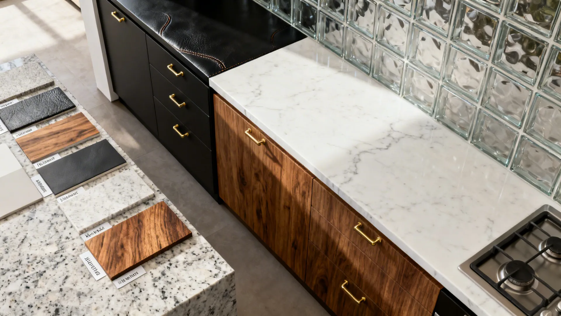 Top-down layout with granite samples, wood, brass, and glass illustrating five compact kitchen ideas.