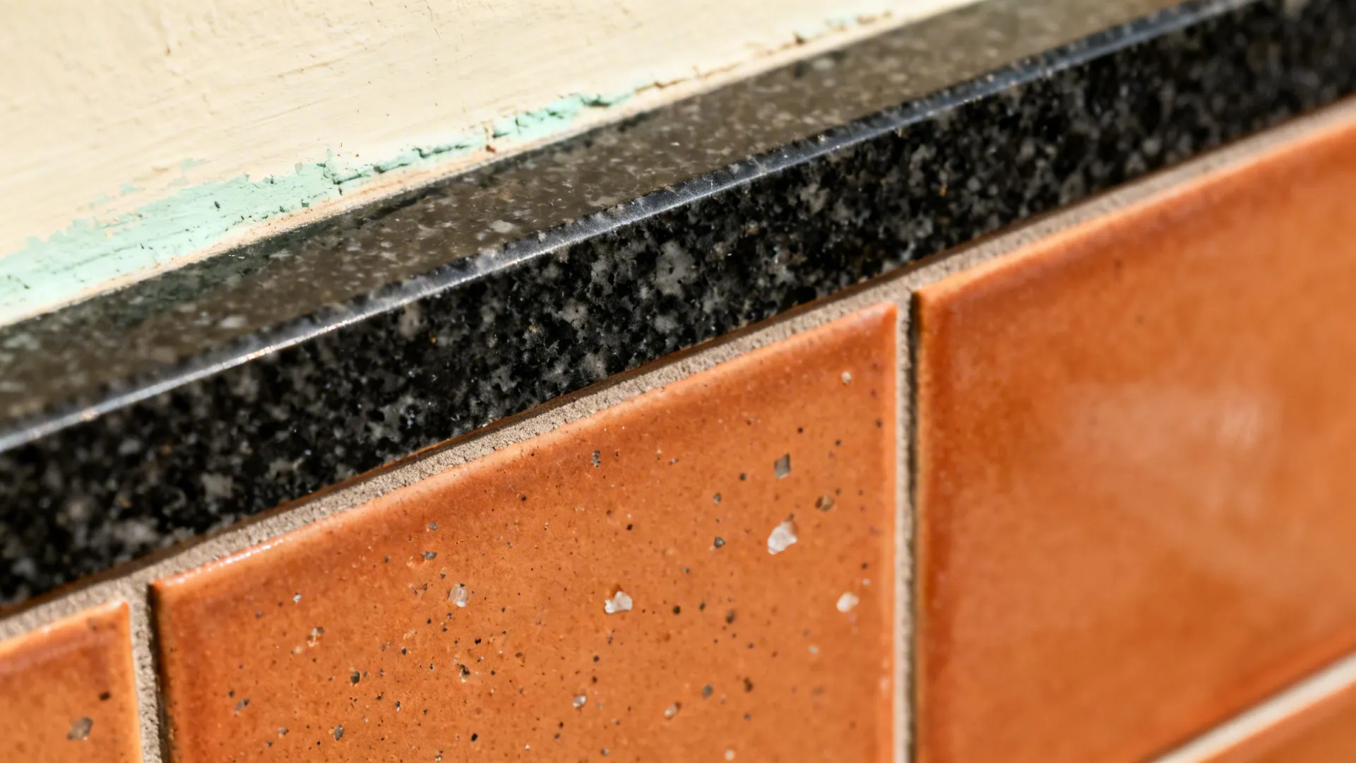 Macro of black granite meeting terracotta ceramic tile with crisp grout and soft daylight highlights.