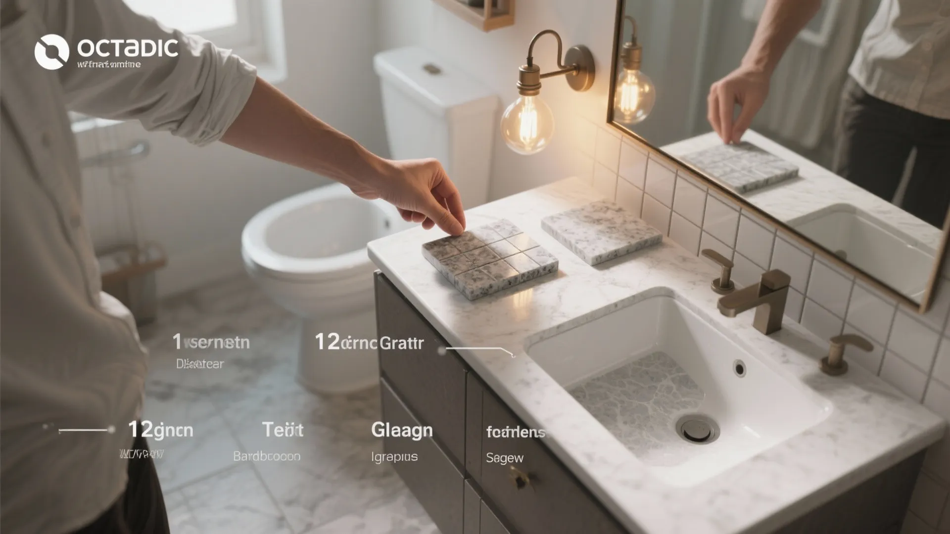 Hand placing grey stone tile samples on white marble bathroom vanity with sink and mirror