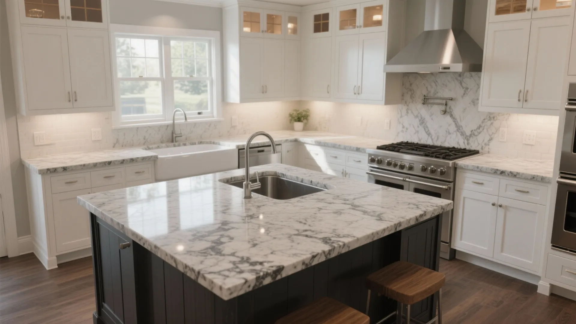 Modern kitchen with white cabinets marble island stainless steel stove wooden stools and bright natural light