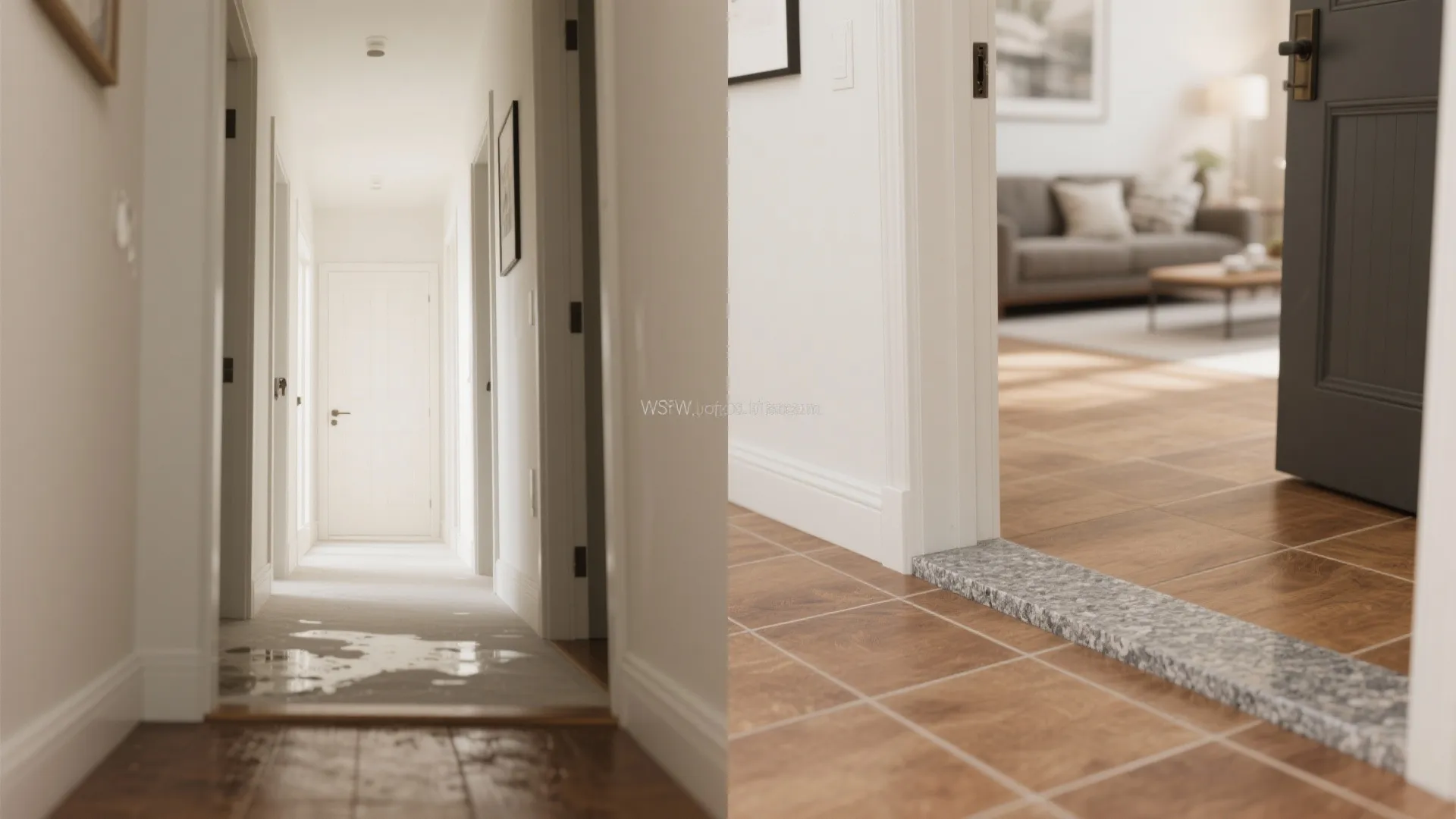 Comparison showing a hallway with and without a slim granite threshold for zoning and moisture control.