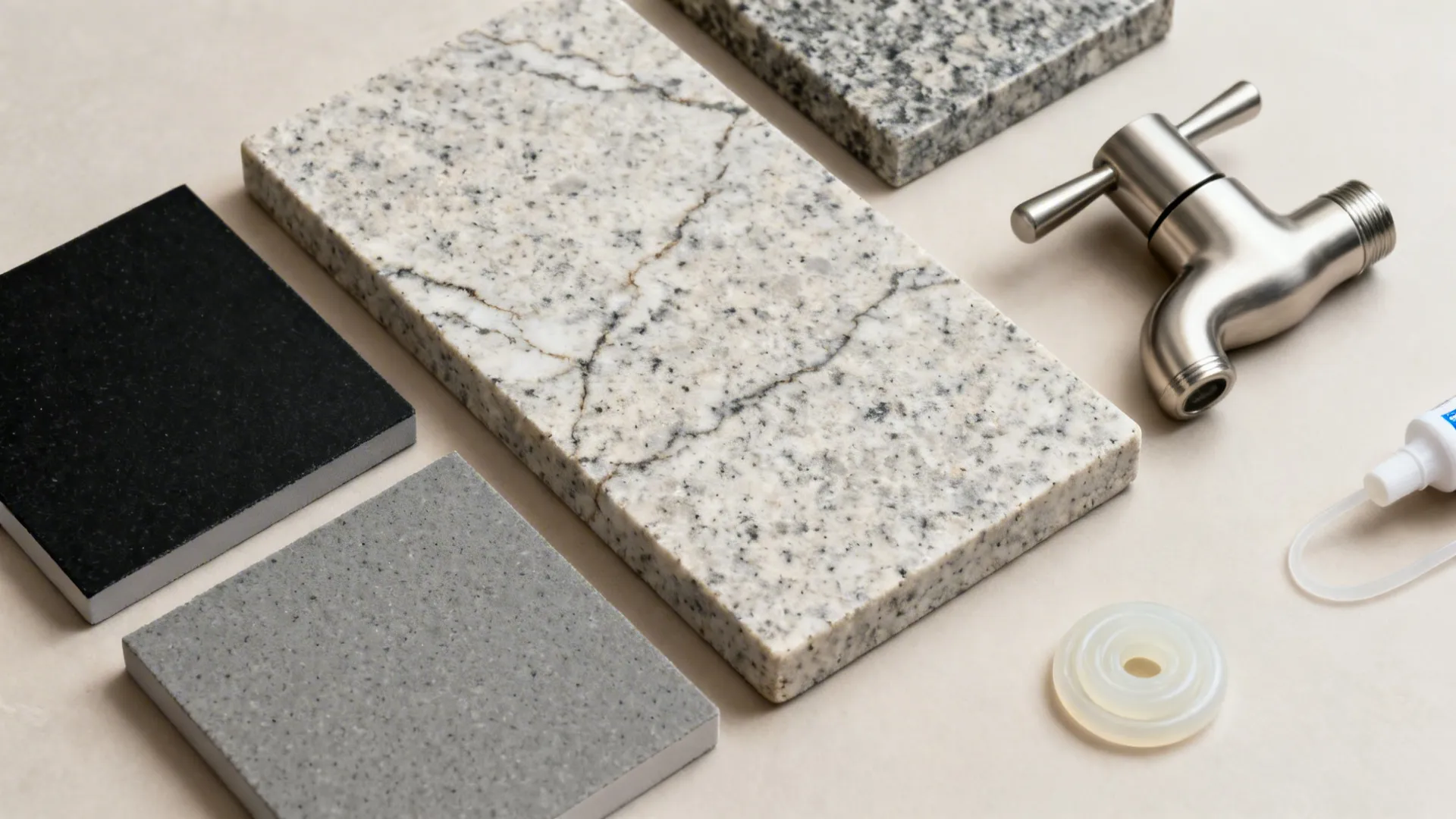 Flat lay comparing natural granite samples with matte black and stone gray composite granite chips and faucet finish.