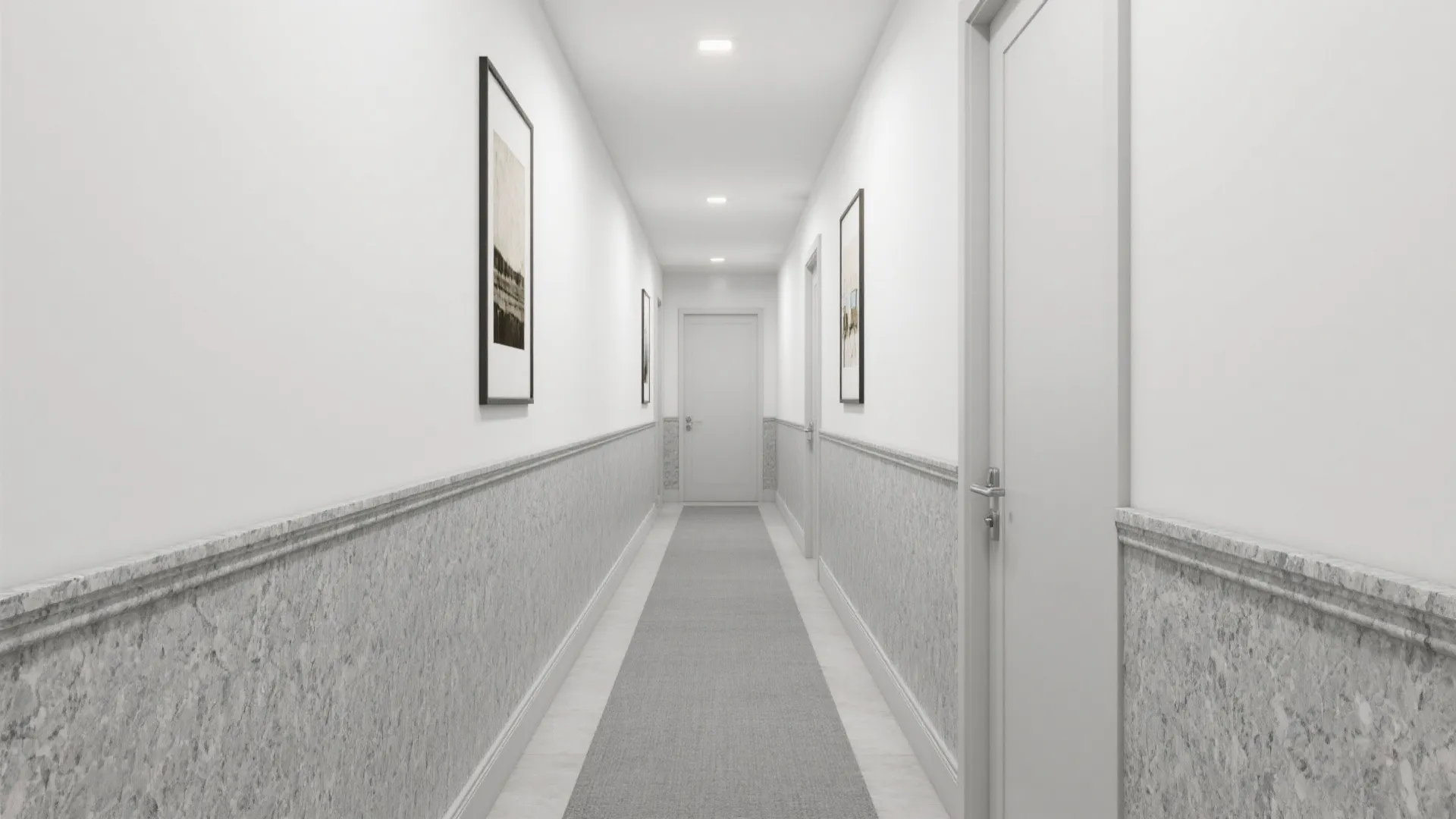 Long white hallway featuring grey stone wall panels and a grey carpet runner along the floor