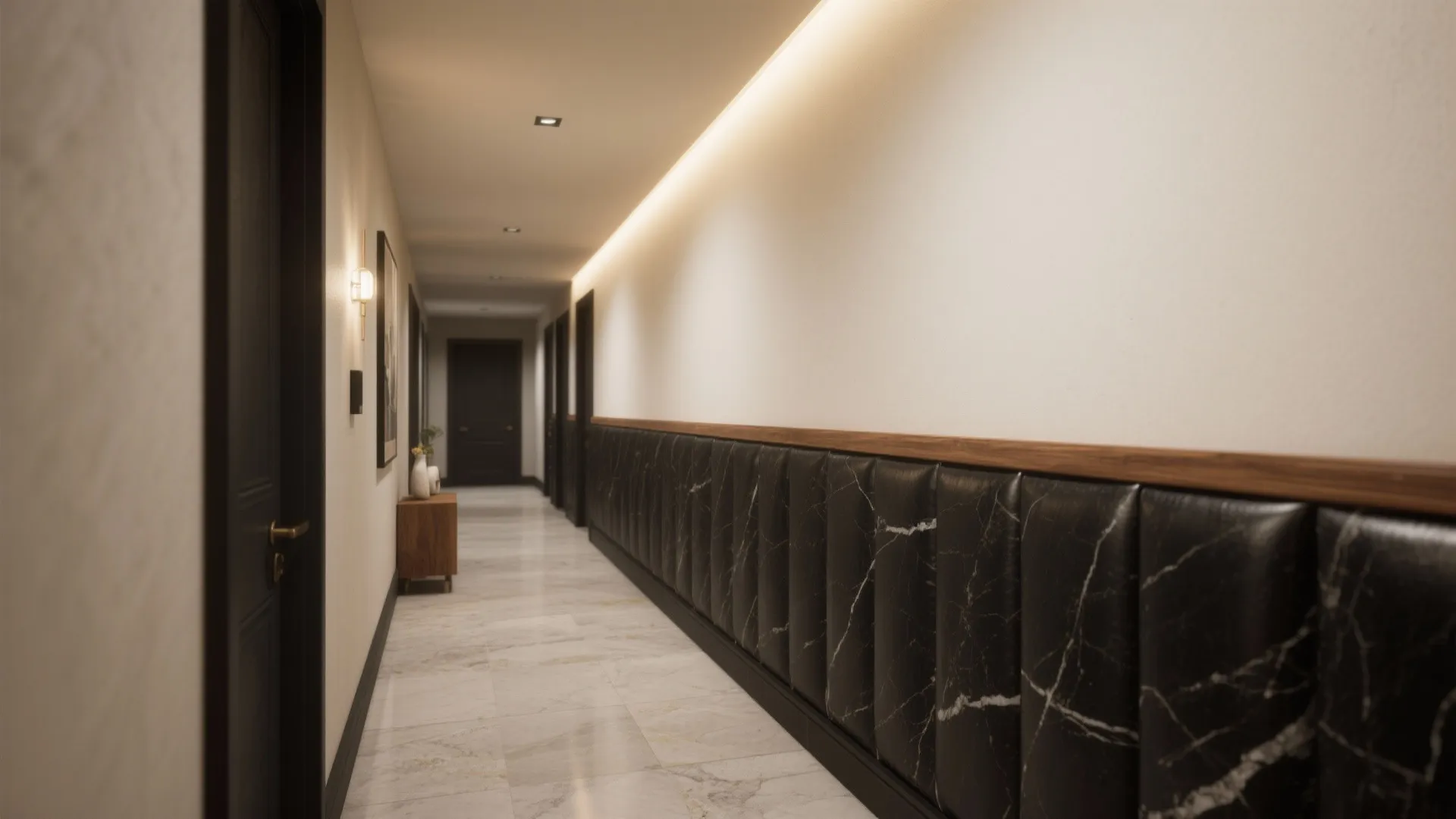 Long hallway with dark marble wall panel white upper walls ceiling lights and grey floor