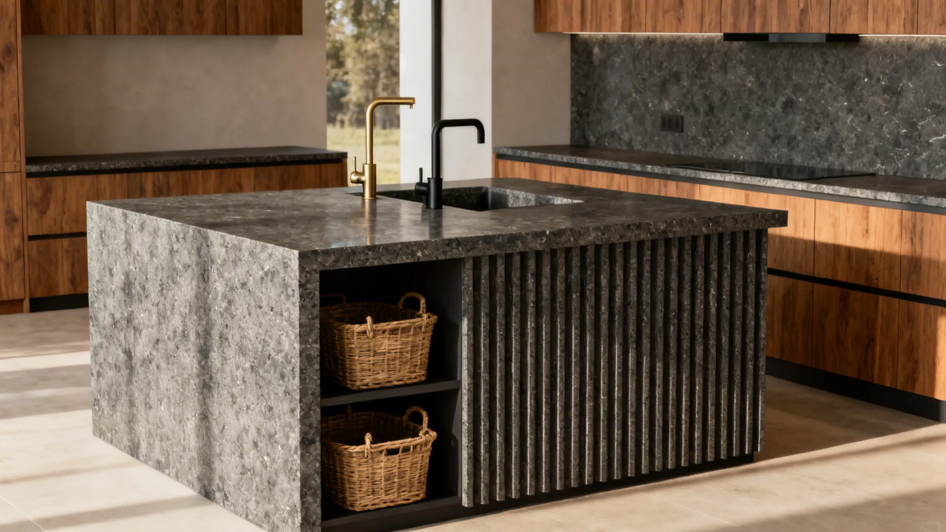 Compact kitchen with a granite waterfall edge island in soft daylight for a premium statement.