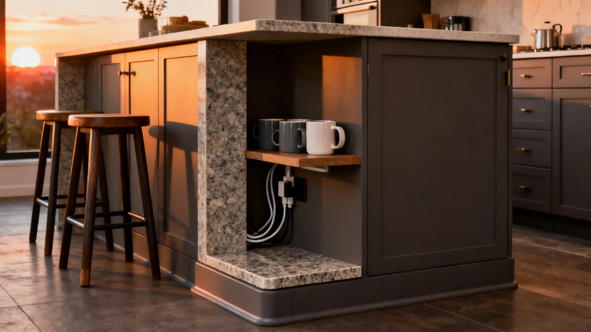 Compact peninsula with a short granite waterfall and stepped shelf organizing mugs, featuring clean mitered edges.