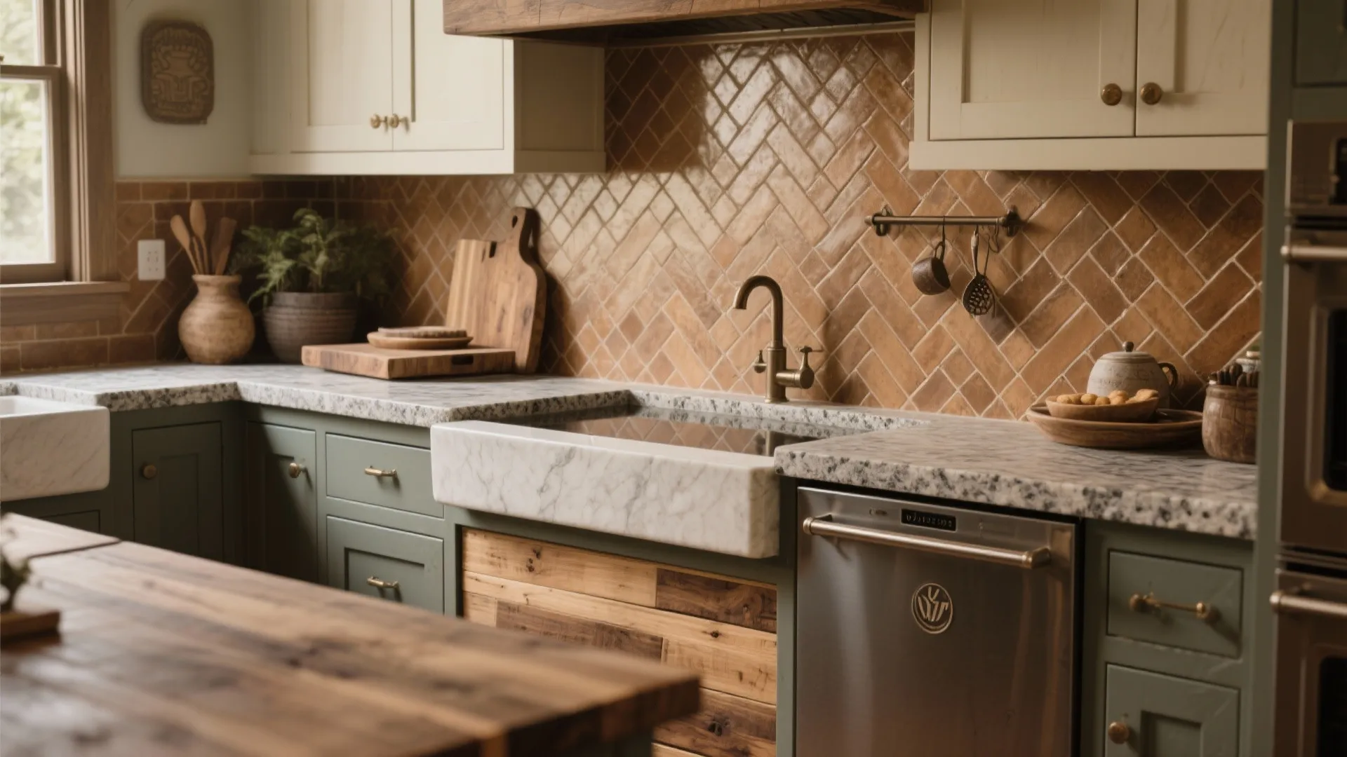 Rustic kitchen with brown herringbone wall tiles marble sink green cabinets and wooden cutting board decor
