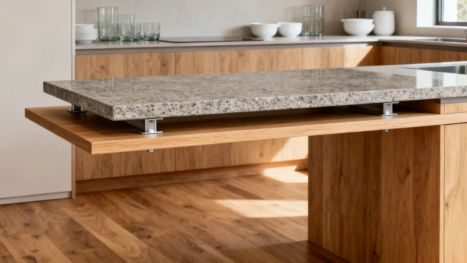 A honed granite floating shelf with a slim light-oak underbrace adds warmth in a minimalist kitchen.