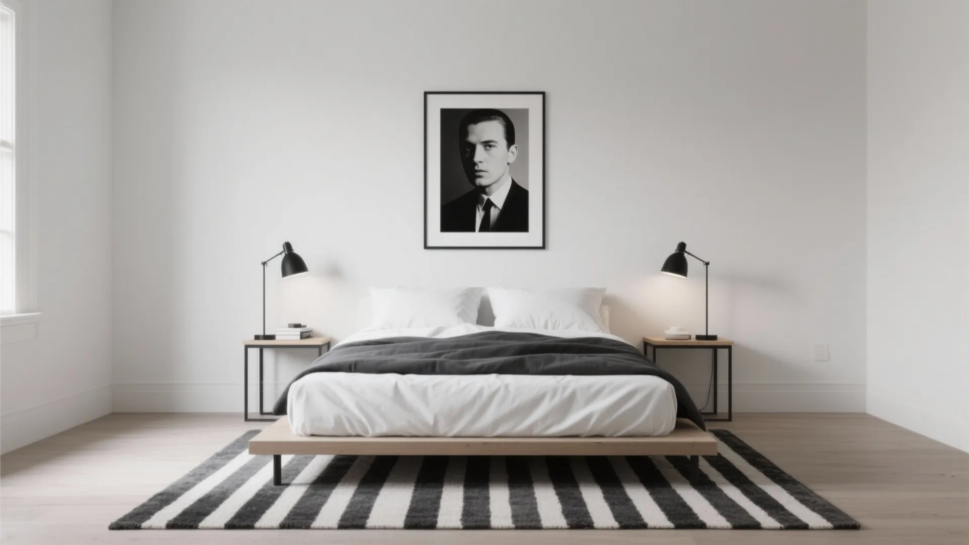 Modern bedroom with portrait wall art striped rug black and white bedding plus desk lamps