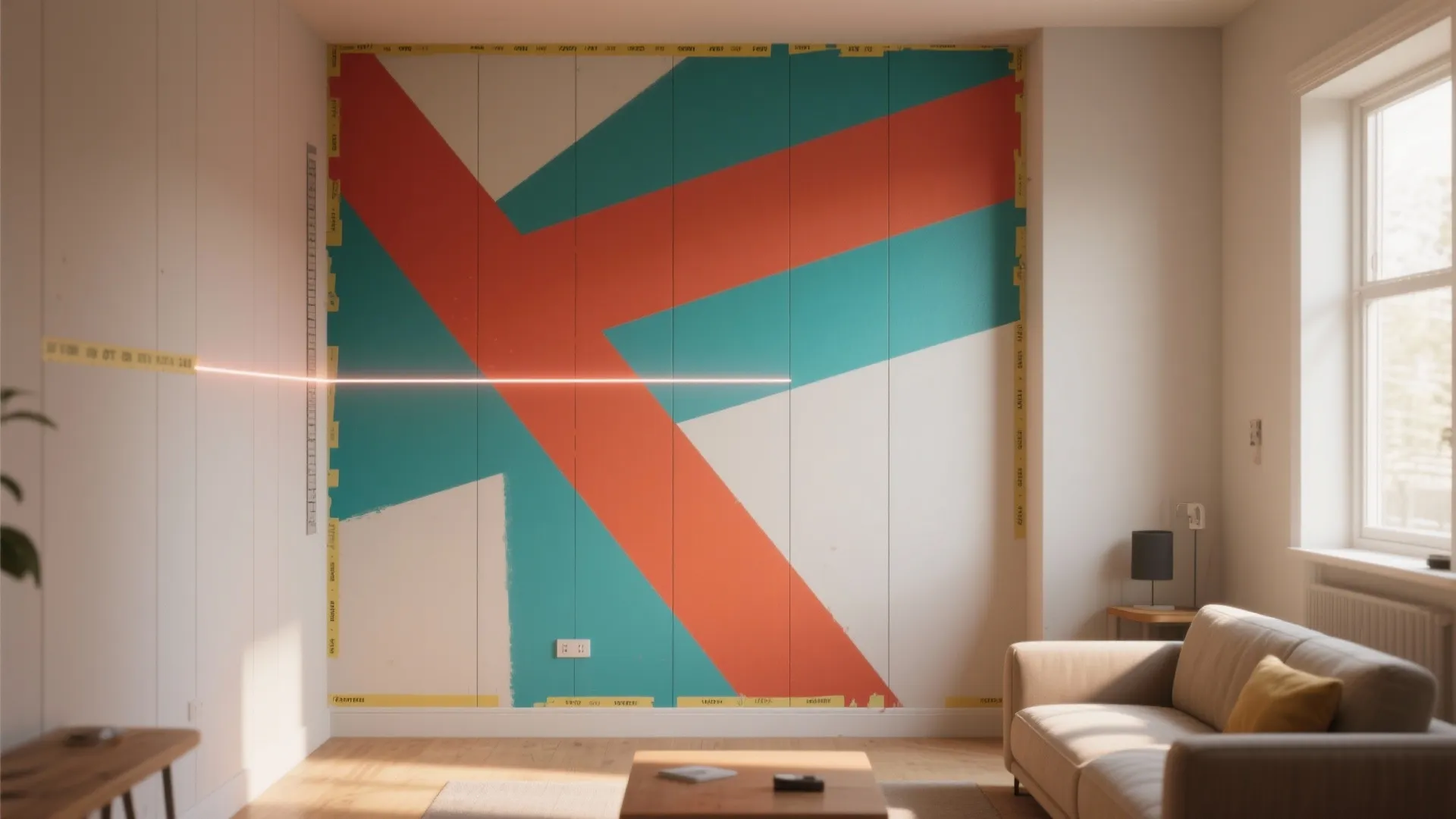 Modern living room wall with geometric orange and blue paint patterns laser level and sofa
