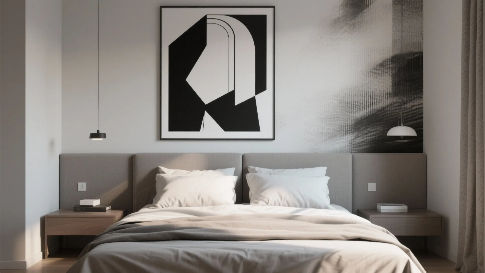Bedroom with a single bold black-and-white graphic wallpaper accent wall and simple bedding