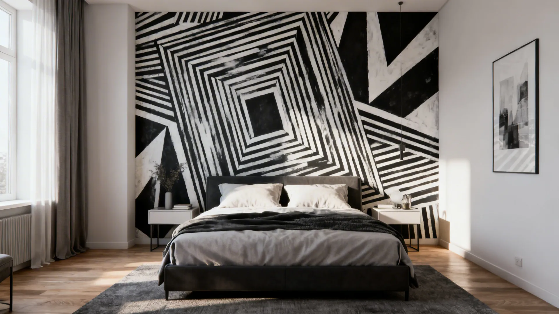 Bedroom with bold black-and-white geometric mural as focal point behind the bed