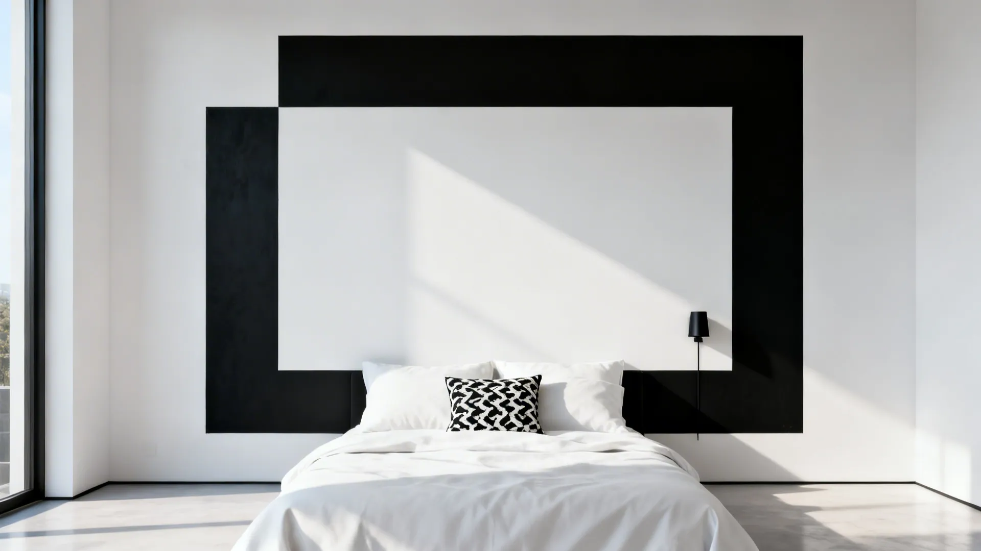 Bedroom with black and white graphic wall design white bed patterned pillow and wall light