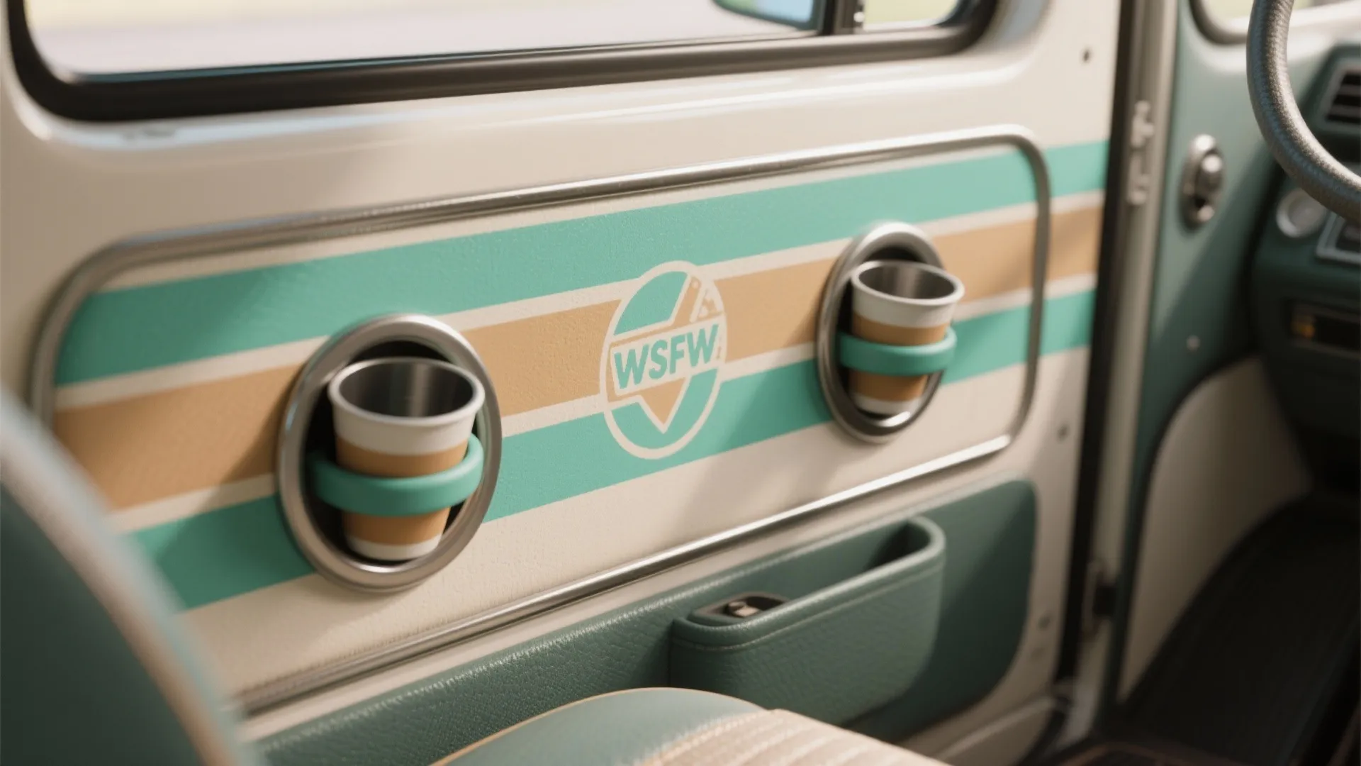 Close-up of stenciled stripes and painted cupholder rings on vinyl showing crisp edges and protective clear coat.