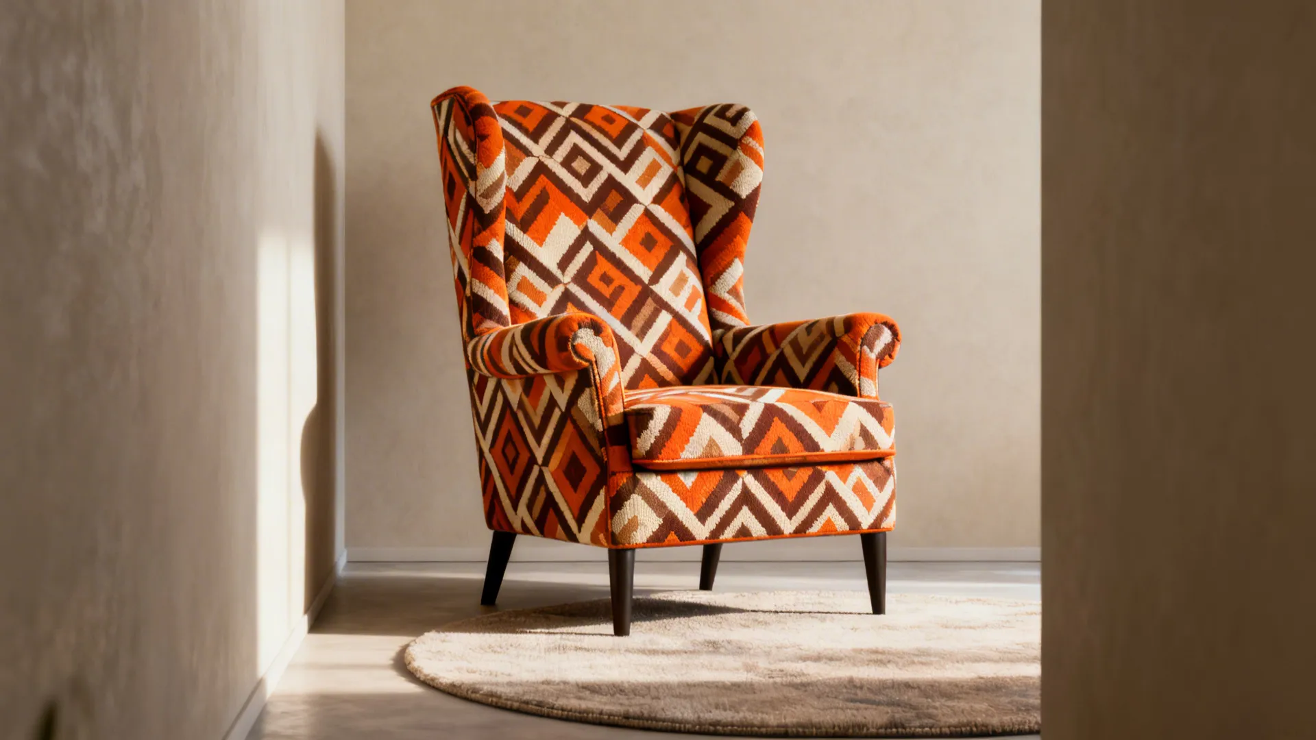 Statement armchair in bold geometric fabric as the focal point of a neutral living room.