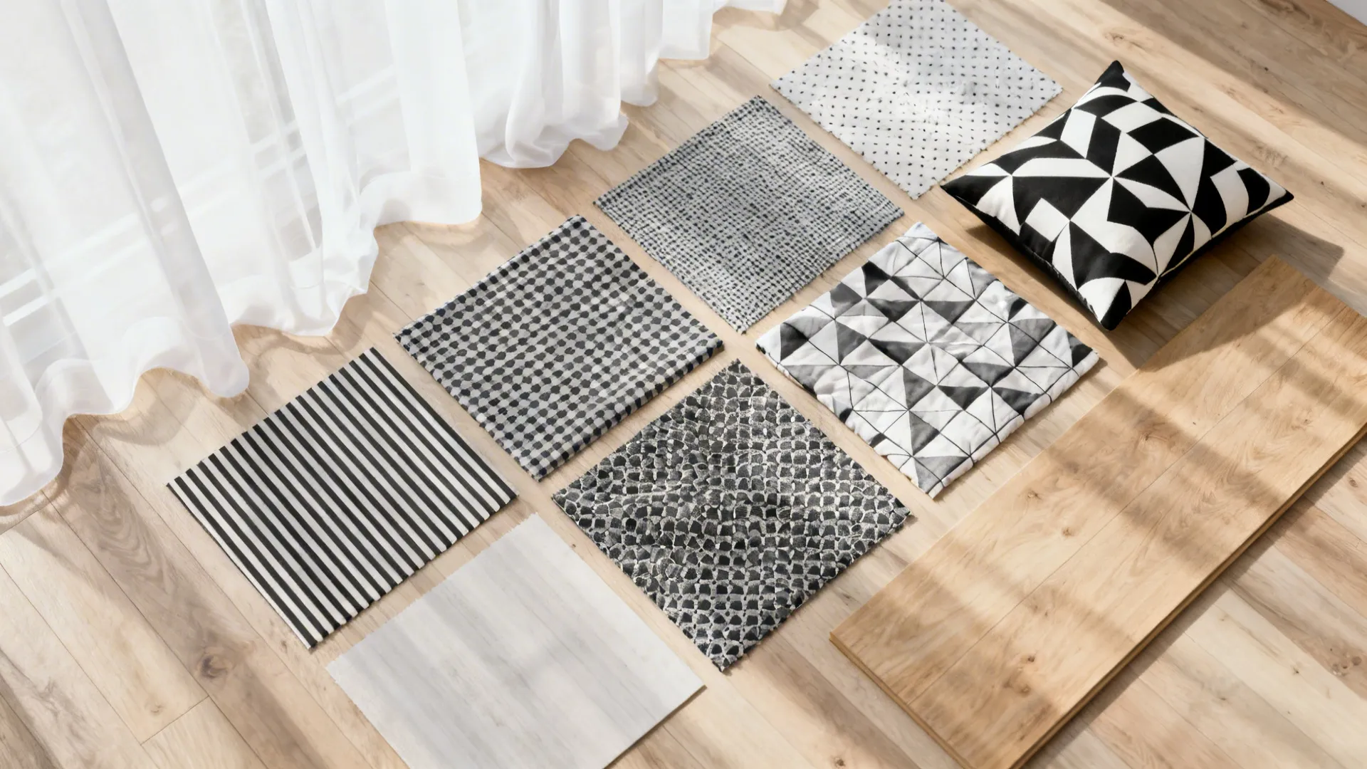Flatlay of black-and-white small-scale bedding patterns and fabric samples for a compact bedroom.