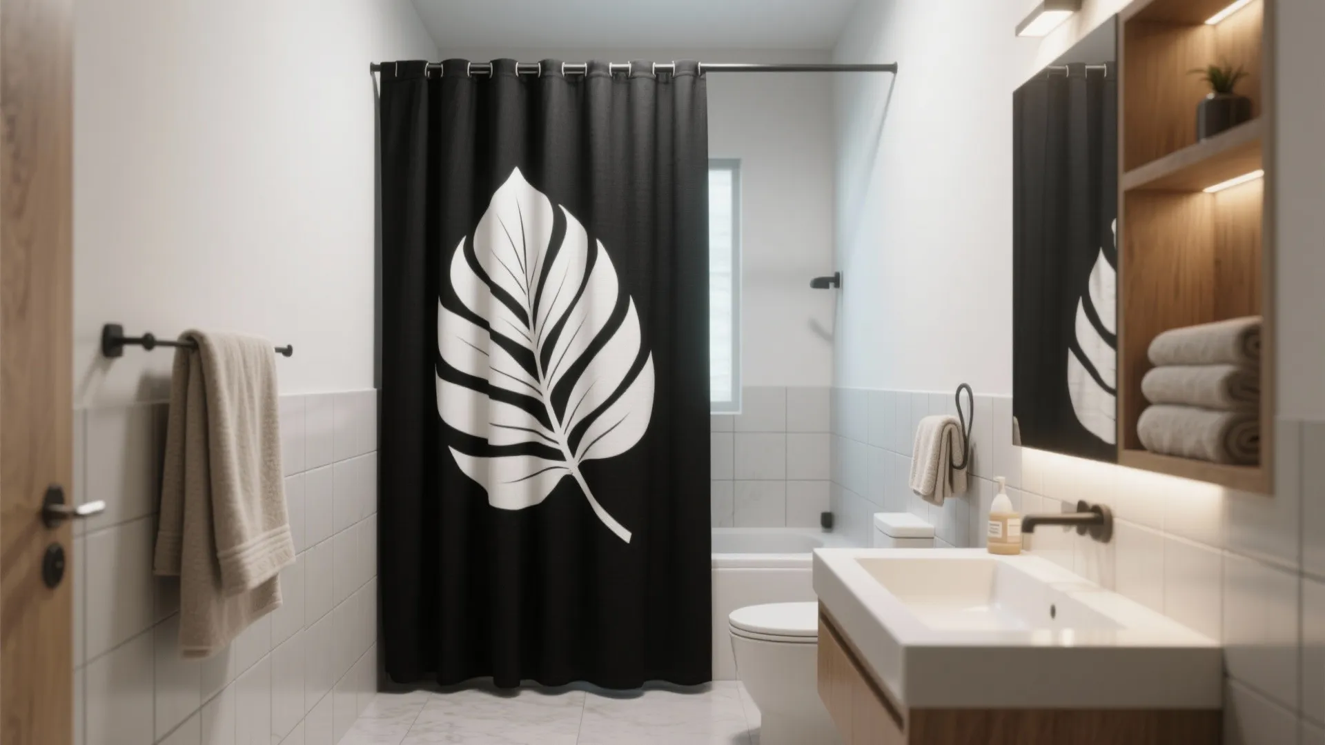 Modern white bathroom featuring a black shower curtain with a large white leaf print design