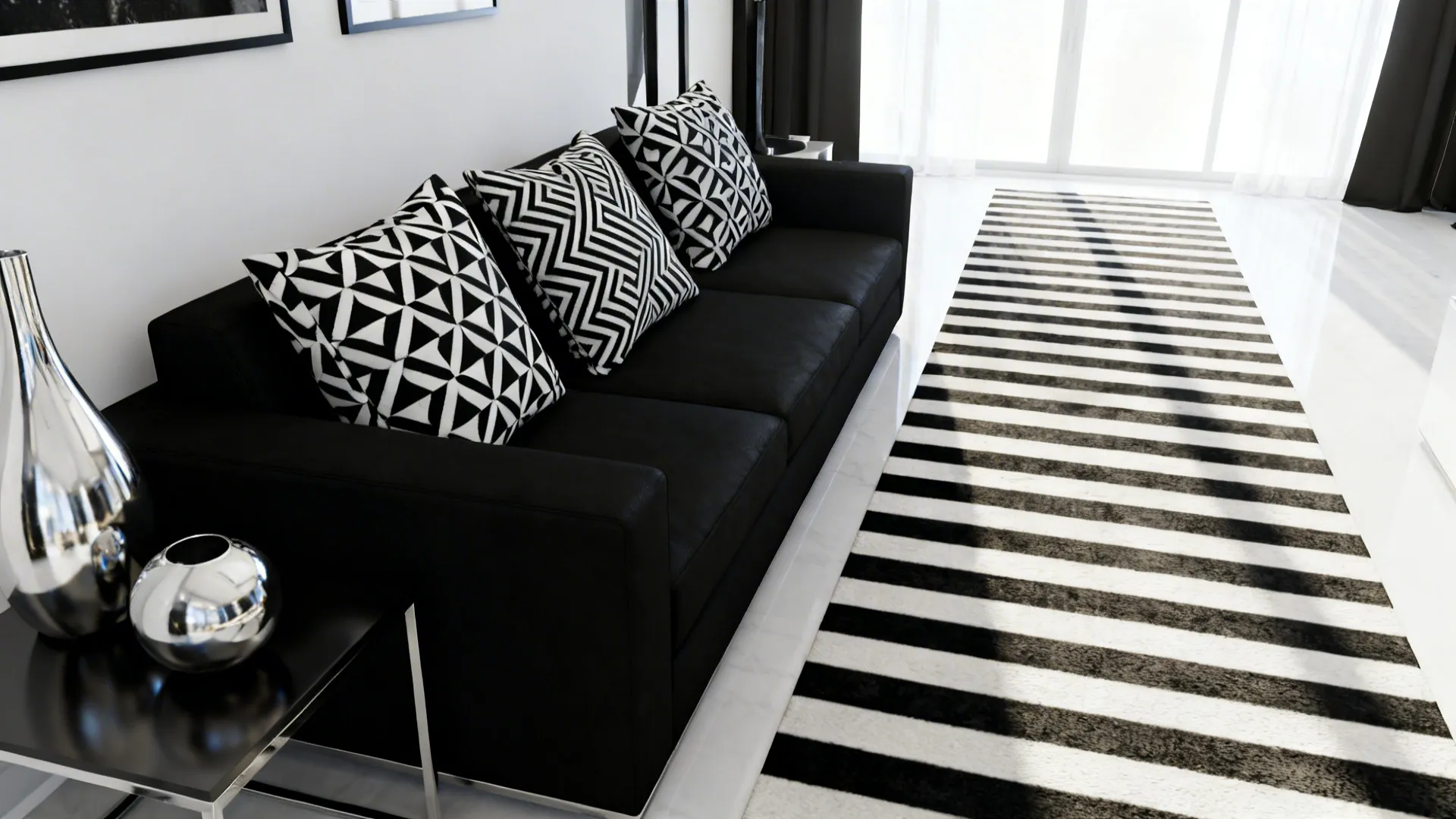 Small living room with bold black-and-white cushions and striped runner rug with silver decor