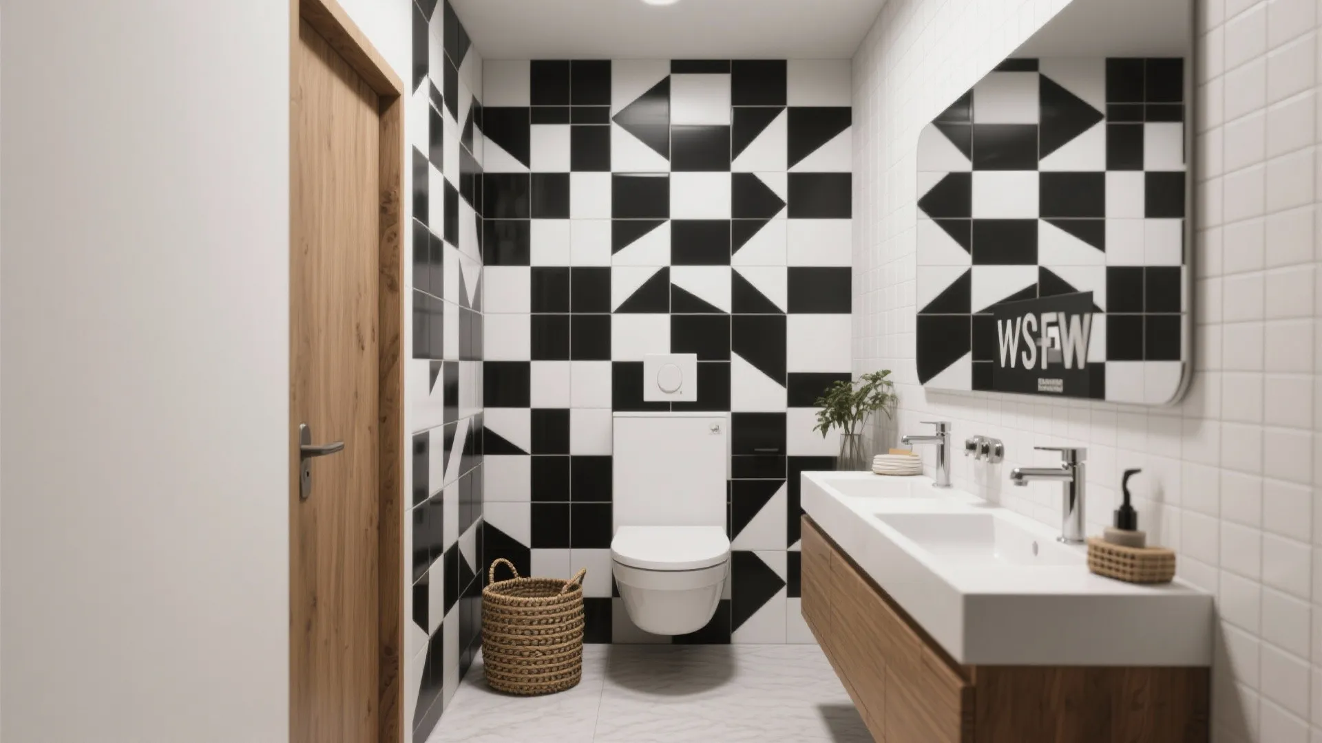 Modern bathroom with black and white geometric wall tiles a double sink and white toilet